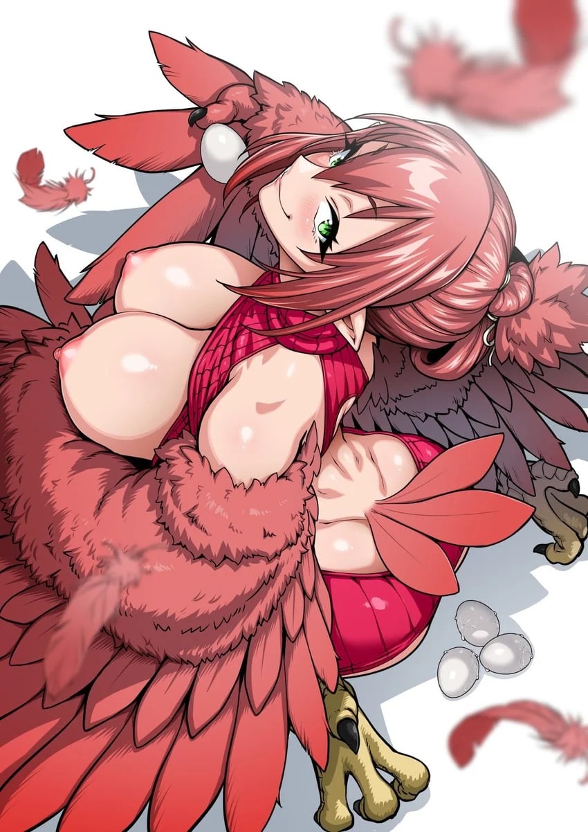 animal_humanoid areola ass avian avian_humanoid big_breasts breasts clothing egg european_mythology feathered_wings feathers female greek_mythology green_eyes hair harpy harpy_humanoid hi_res holding_object humanoid humanoid_pointy_ears kemonokko_tsuushin_ushi_musume_bell looking_at_viewer looking_up meme meme_clothing mythological_avian mythological_creature mythology nipples official_art red_body red_feathers red_hair simple_background smile solo sweater tail topwear unknown_artist virgin_killer_sweater white_background wings