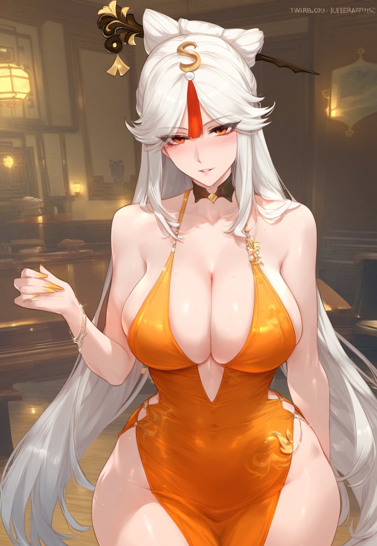 1girls ai_generated bangs bare_shoulders blush breasts china_dress chinese_clothes cleavage closed_mouth clothing covered_navel curvaceous curvaceous_female curvaceous_figure curvy curvy_figure dark-skinned_male dress elegant_dress female female_focus female_only genshin_impact hair_ornament hair_stick hairpin hydrolis999 impossible_clothes impossible_dress indoors interracial inviting jewelry large_breasts long_hair looking_at_viewer mommy ningguang_(genshin_impact) parted_bangs parted_lips pelvic_curtain red_eyes seductive seductive_look seductive_smile side_slit sidelocks smile solo sweat tassel thiccwithaq_(ai_style) thick_thighs thighs tied_hair uncensored very_long_hair voluptuous voluptuous_female white_hair