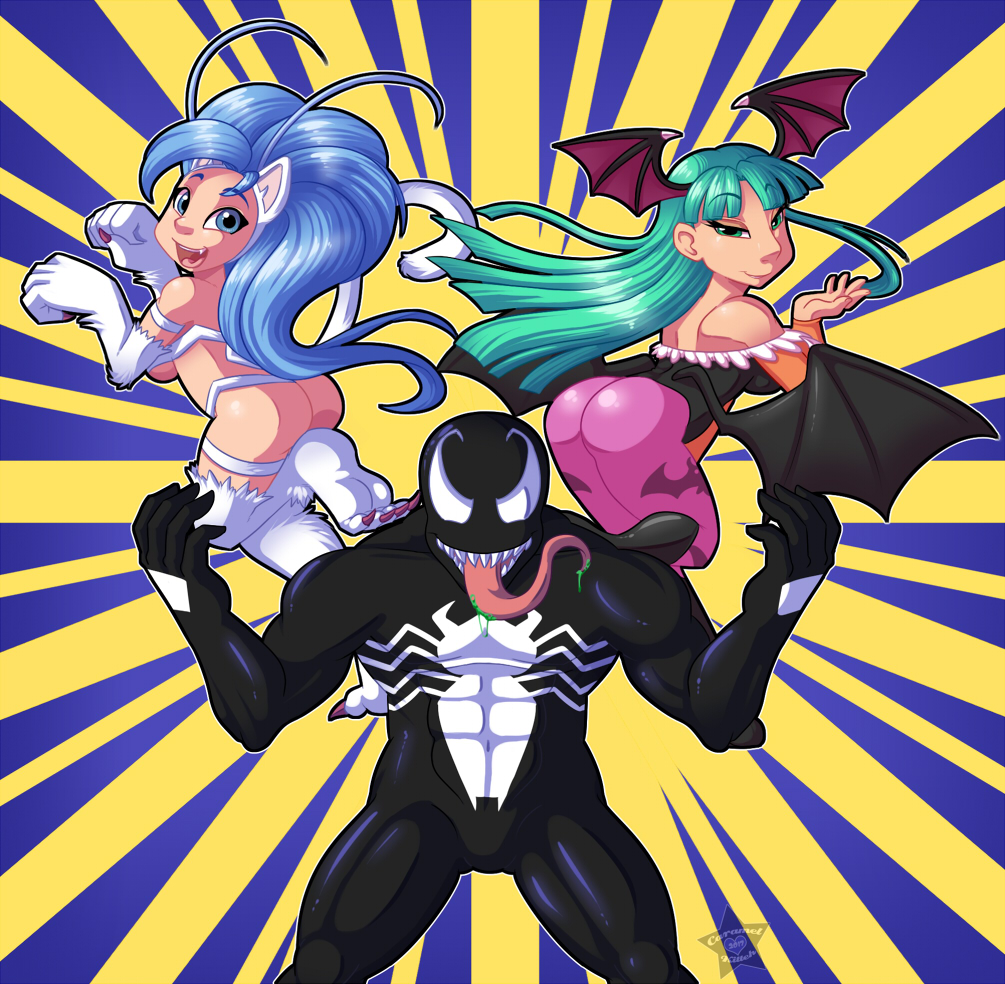 1boy 2girls 2girls1boy cat_ears cat_tail catgirl darkstalkers demon demon_girl demon_wings eddie_brock felicia_(darkstalkers) large_ass marvel marvel_comics marvel_vs._capcom morrigan_aensland spider-man_(series) succubus symbiote venom venom_(marvel)