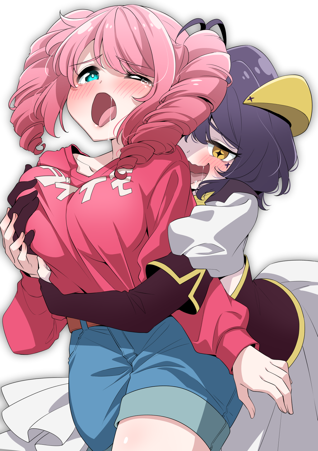 2girls ahoge black_hair blush breasts drill_hair drooling elbow_gloves gloves grabbing_another's_breast green_eyes groping hanabishi_haruka highres hiiragi_utena horns hug hug_from_behind large_breasts magia_baiser mahou_shoujo_ni_akogarete medium_hair molestation multiple_girls one_eye_closed open_mouth osarutukamaeru pink_hair shirt shorts simple_background smile star-shaped_pupils star_(symbol) symbol-shaped_pupils tears tongue tongue_out twin_drills white_background yellow_eyes yuri