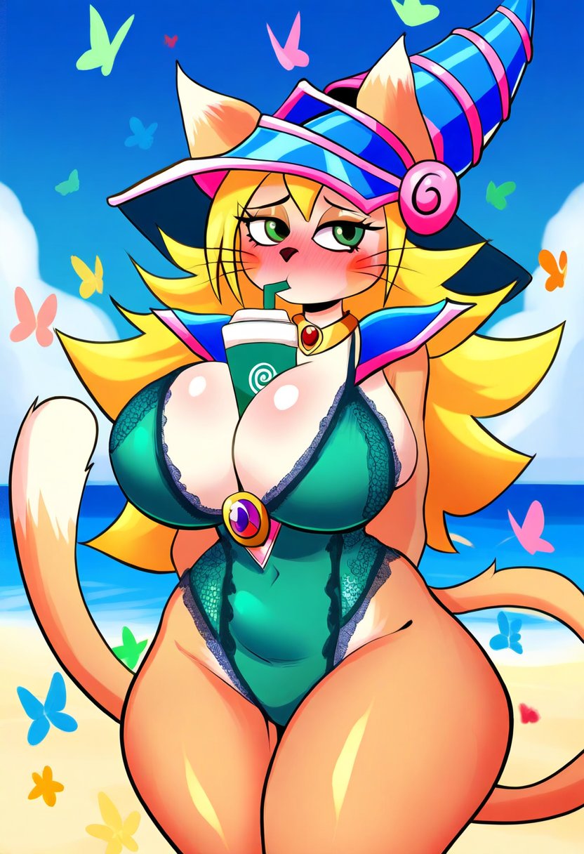 1female 1girls ai_generated beach big_breasts bimbo cat_ears cat_tail coffee cup curves curvy curvy_body curvy_female curvy_figure dan16369336 dark_magician_girl duel_monster female female_only furry furry_only green_hat lingerie long_tail milf novelai pointy_hat shonen_jump shueisha sole_female spiral tagme tail twitter_link weekly_shonen_jump weekly_shounen_jump yu-gi-oh!