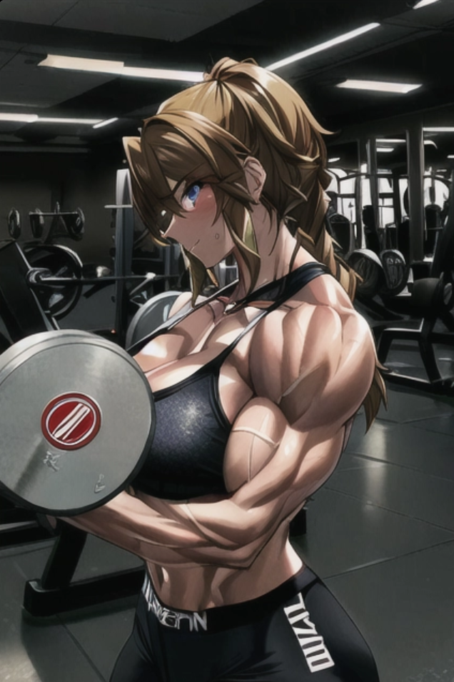 ai_generated bicep_curl bicep_vein biceps blue_eyes blush breasts brown_hair cleavage dumbbell exercise female gym large_breasts muscular muscular_female solo sports_bra weightlifting