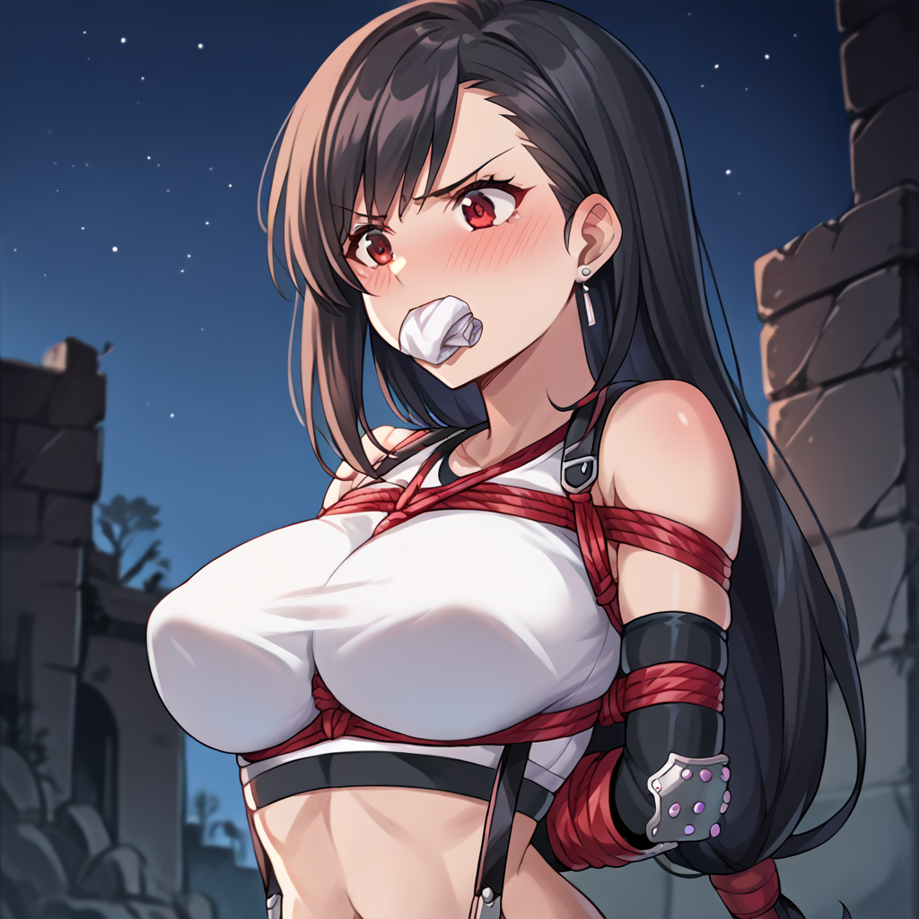 ai_generated arms_tied_behind_back black_hair blush bondage final_fantasy_vii_remake gag gagged red_eyes sock_in_mouth stuffed_mouth_gag tifa_lockhart