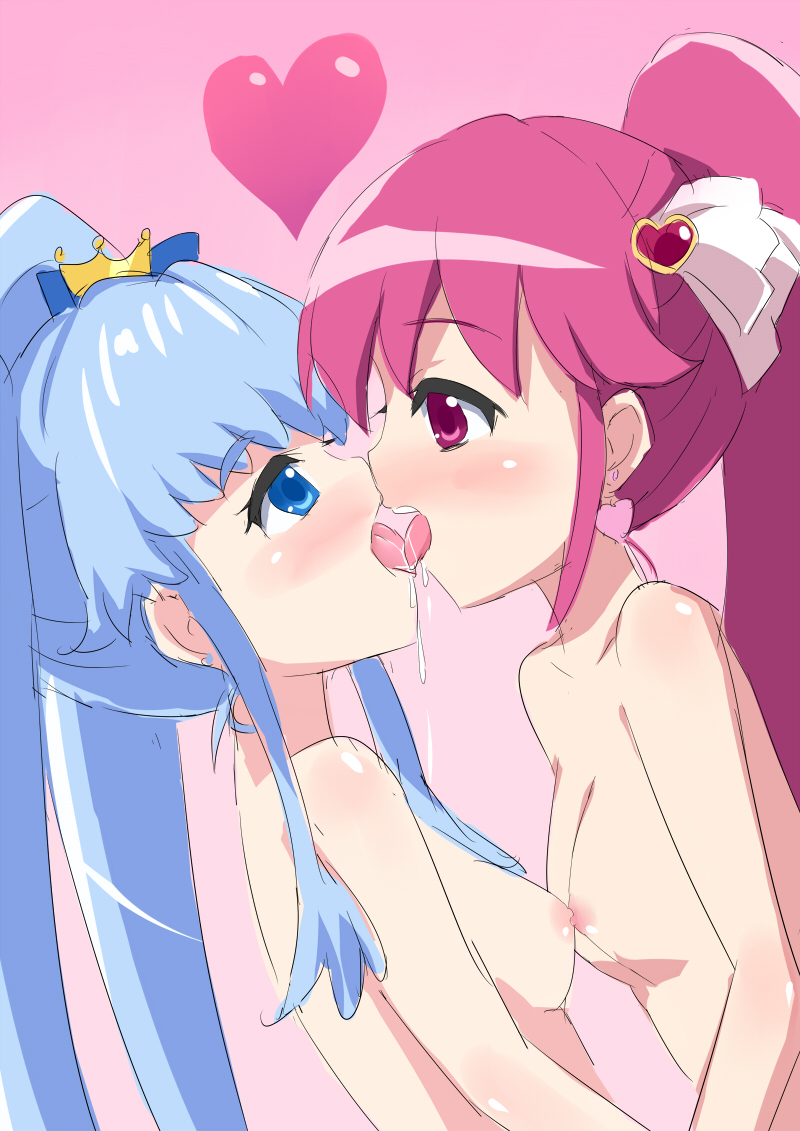 aino_megumi blue_eyes blue_hair breast_press breasts cure_lovely cure_princess earrings female hair_ornament happinesscharge_precure! heart jewelry kissing long_hair magical_girl multiple_girls nipples nude ponytail precure pretty_cure purple_eyes purple_hair rough saliva shirayuki_hime simple_background small_breasts symmetrical_docking tanuxu tied_hair tongue twintails very_long_hair yuri