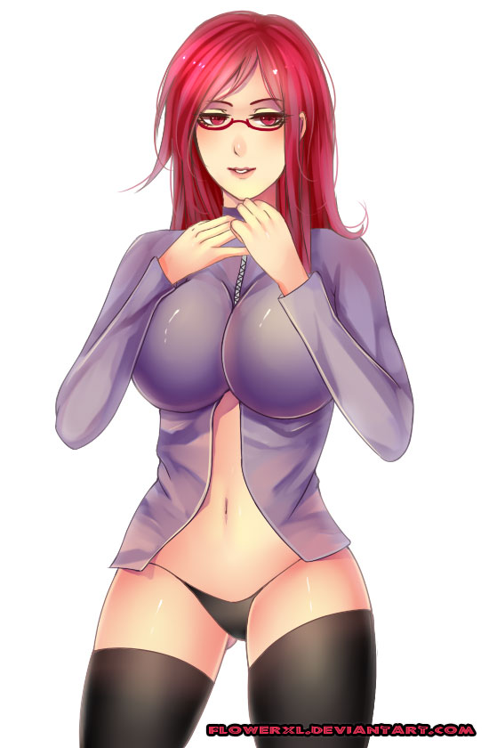 1girls, blush, blushing, breasts, female, female only, flowerxl, glasses, huge breasts, human, human only, large breasts, naruto, naruto (series), panties, red eyes, red hair, simple background, solo, thighhighs, uzumaki karin, white background