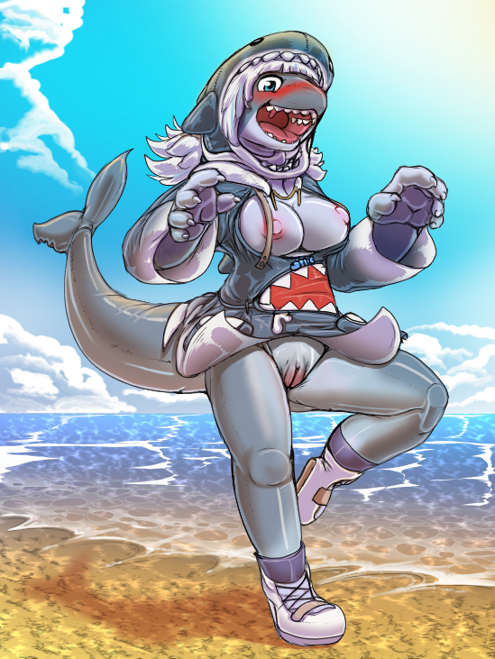 2024 5_fingers alternate_species anthro areola beach biped blue_eyes blue_sky blush bottomless bottomless_anthro bottomless_female breasts claws clitoris clothed clothed_anthro clothed_female clothing cloud day detailed_background digital_media_(artwork) exposed_breasts female finger_claws fingers fish footwear front_view furrification furry gawr_gura genitals hair hololive hololive_en hololive_english hoodie kitsune_youkai looking_at_viewer marine nipples nipples_outline one_leg_up open_mouth outside pussy raised_leg red_tongue sand sea seaside shark sharp_teeth shoes sky solo standing tail teeth tongue topwear virtual_youtuber vtuber water white_clothing white_footwear white_hair white_shoes