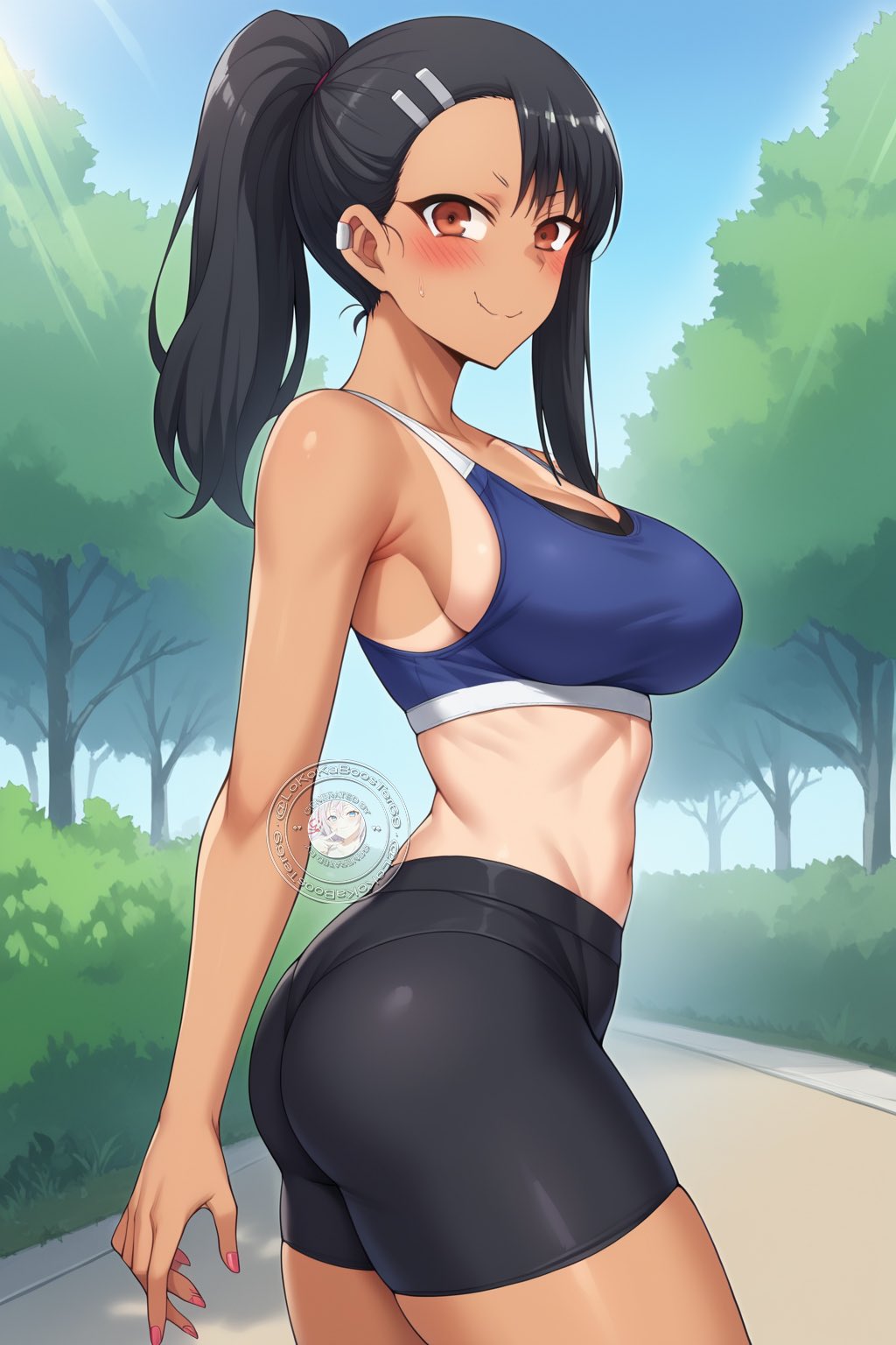 1girls ai_generated athletic_female bare_legs big_ass big_butt black_hair black_shorts brown_eyes curvaceous curvy_female dat_ass fat_ass female female_only gym_clothes gym_uniform hayase_nagatoro huge_breasts human large_breasts lokokabooster69 looking_at_viewer please_don&#039;t_bully_me,_nagatoro ponytail smiling solo squatting sweat sweatdrop tan_body tanned_female tanned_skin thick_thighs thighs tied_hair