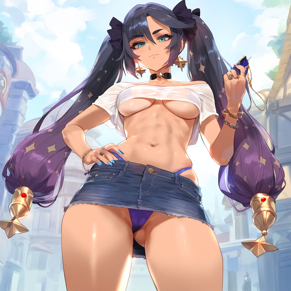 1girls ai_generated bangs bare_shoulders black_choker black_hair blue_eyes blue_nails blue_sky bow bracelet breasts cameltoe casual choker closed_mouth clothing cloud crop_top cropped_shirt curvaceous curvaceous_female curvaceous_figure curvy curvy_figure day denim earrings female female female_focus female_only genshin_impact gyaru gyaru_gal hair_ornament hair_ribbon hand_on_hip holding inviting inviting_to_sex jewelry large_breasts linea_alba long_hair looking_at_viewer medium_breasts midriff miniskirt mona_(genshin_impact) nail_polish navel no_bra off-shoulder_shirt off_shoulder outdoors pantsu phone presenting presenting_pussy purple_hair purple_panties ribbon ring seductive see-through shirt short_shorts short_sleeves shorts skirt sky smile solo sparkle_print standing star_(symbol) star_earrings star_hair_ornament stomach thighs tied_hair twintails uncensored underboob underwear upskirt very_long_hair voluptuous voluptuous_female waifulover white_shirt