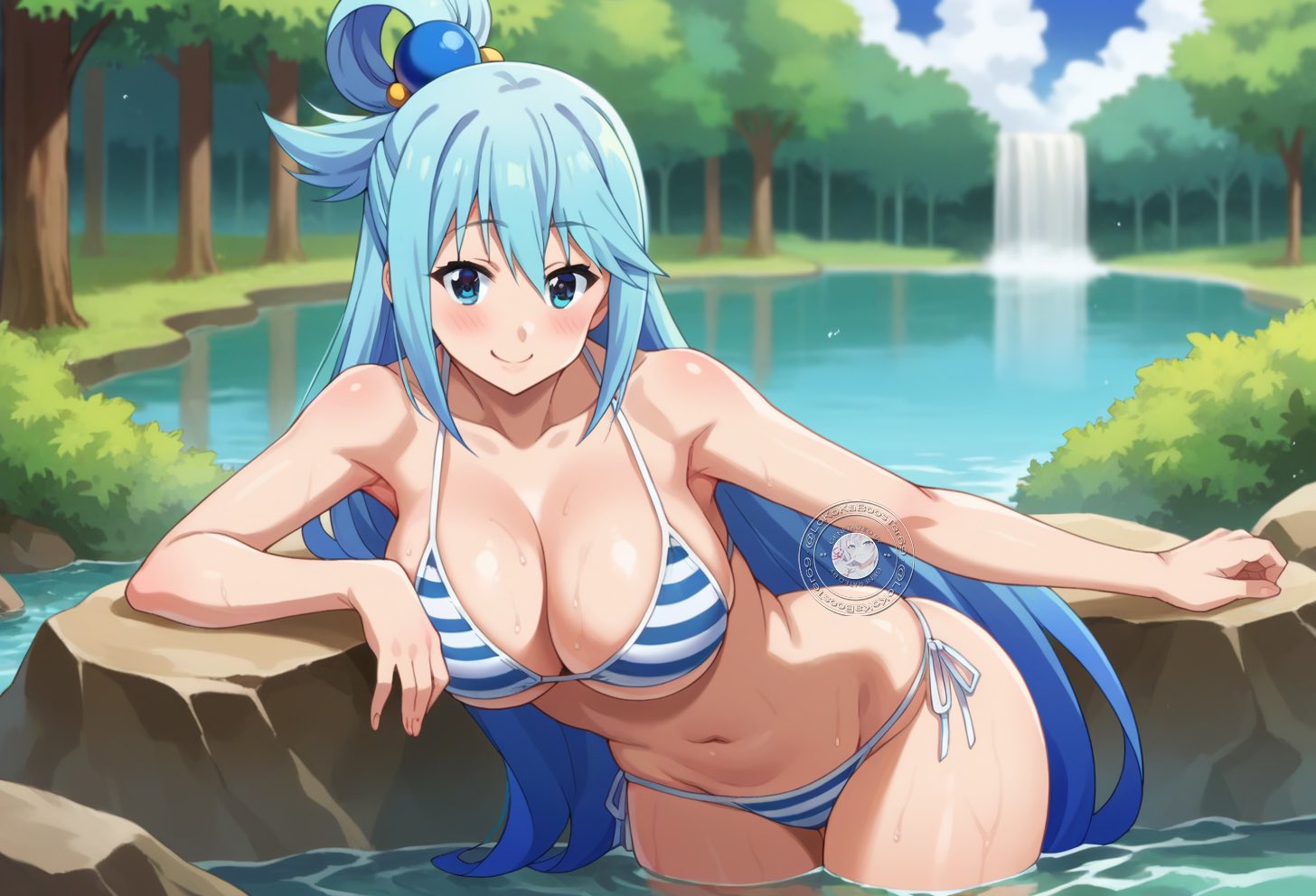 1girls ai_generated aqua_(konosuba) bare_legs big_breasts bikini bikini_top blue_hair curvaceous curvy_female female female_only goddess huge_breasts huge_thighs kono_subarashii_sekai_ni_shukufuku_wo! lake large_breasts light-skinned_female light_skin lokokabooster69 long_hair looking_at_viewer smiling solo squatting sweat sweatdrop thick_thighs thighs thighs_bigger_than_head voluptuous voluptuous_female