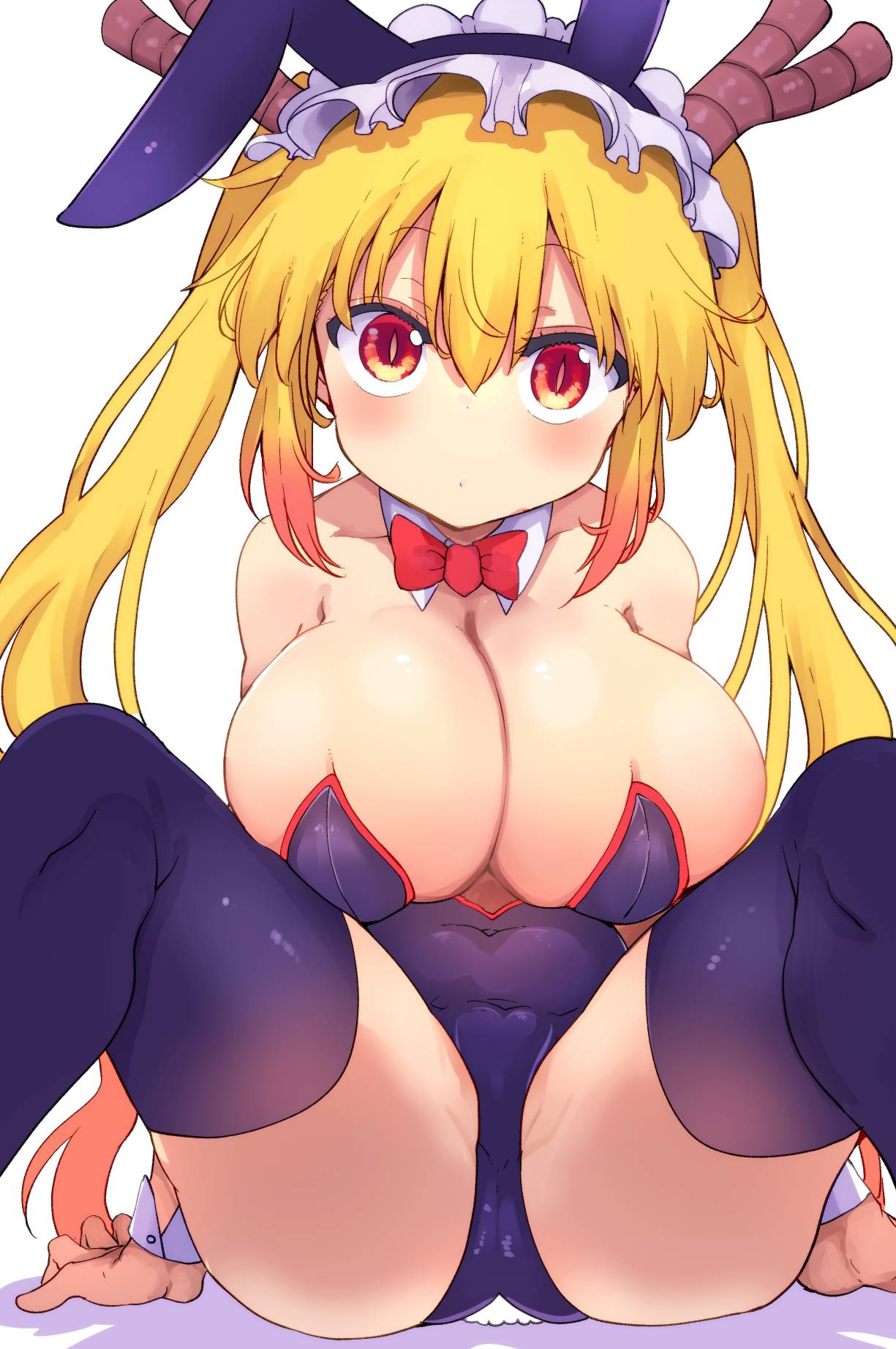 1girls blonde_hair blush bunny_ears bunnysuit cameltoe cleavage cool-kyou_shinja dragon_girl dragon_humanoid female horns large_breasts long_hair looking_at_viewer miss_kobayashi's_dragon_maid sitting skimpy_clothes solo spread_legs thighhighs tohru_(dragon_maid) twintails