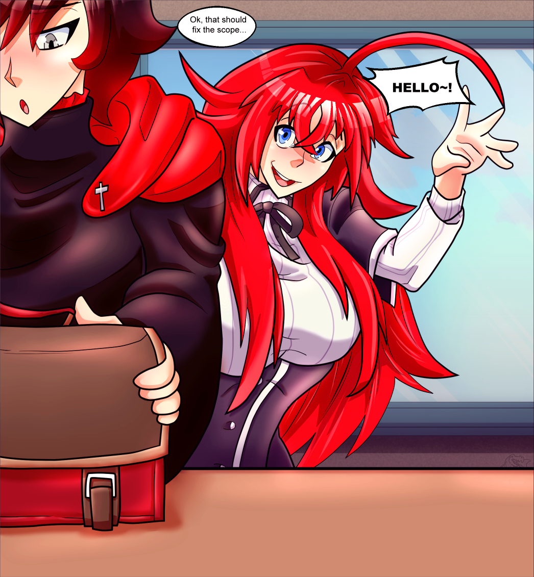 2girls comic_panel crossover dinotits english_text female female_only high_school_dxd multiple_girls rias_gremory ruby_rose rwby self_upload tagme text