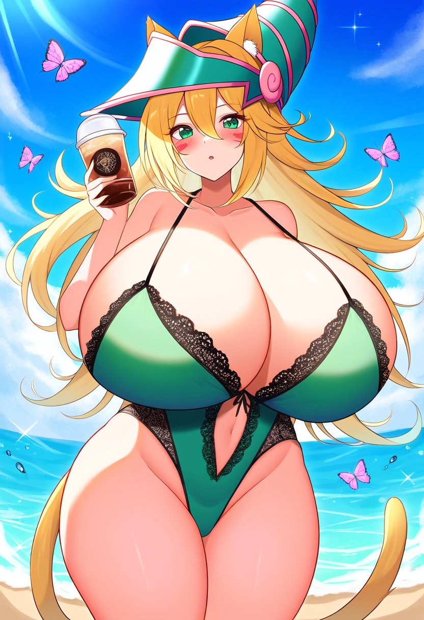 1female 1girls ai_generated beach big_breasts bimbo cat_ears cat_tail coffee cup curves curvy curvy_body curvy_female curvy_figure dan16369336 dark_magician_girl female female_only green_hat lingerie long_tail milf pointy_hat shonen_jump shueisha sole_female spiral tagme tail twitter_link weekly_shonen_jump weekly_shounen_jump yu-gi-oh!