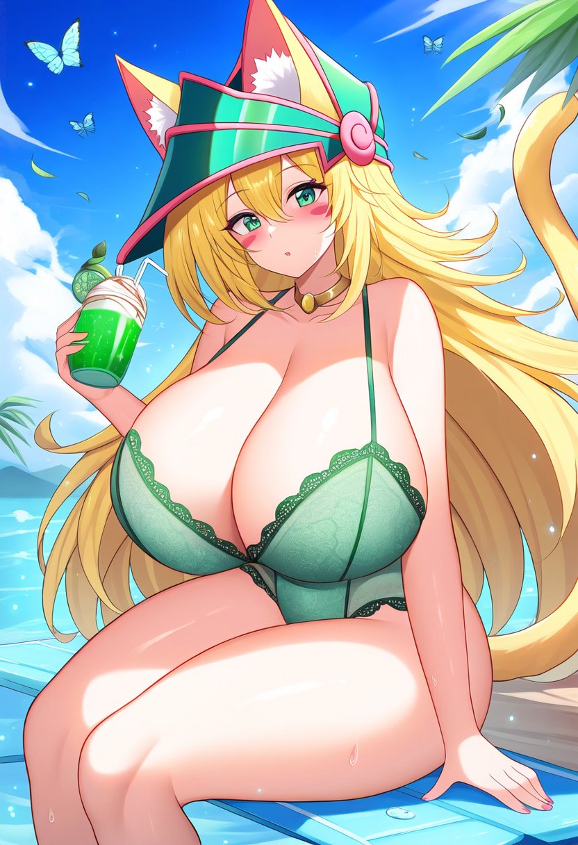 1female 1girls ai_generated beach big_breasts cat_ears cat_tail coffee cup curves curvy curvy_body curvy_female curvy_figure dan16369336 dark_magician_girl female female_only green_hat lingerie long_tail milf pointy_hat shonen_jump shueisha sole_female spiral tagme tail twitter_link weekly_shonen_jump weekly_shounen_jump yu-gi-oh!