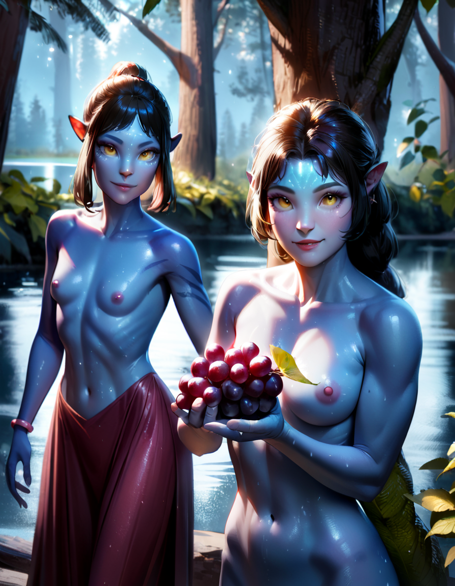 2girls ai_generated alien avatar blue_skin food na'vi offering_food rtxfus smile topless young