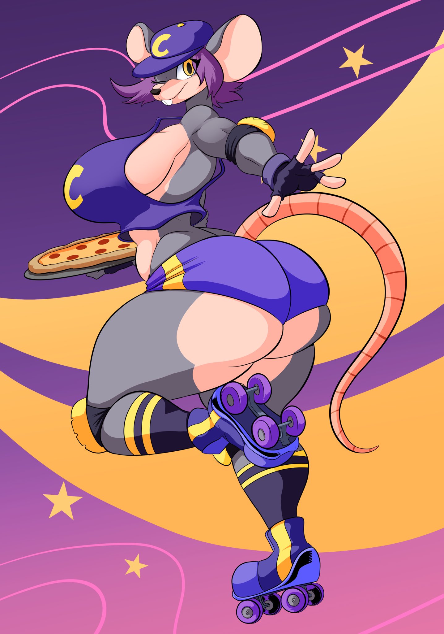 1girl 1girls 2020s 2022 4_fingers absurd_res anthro ass baseball_cap big_ass big_breasts big_butt breasts buckteeth chuck_e_cheese chuck_e_cheese_(franchise) clothed clothing digital_media_(artwork) elbow_gloves female female_focus female_only fingerless_gloves fingers food furry furry_female genderswap_(mtf) gloves hat headgear headwear hi_res huge_ass huge_butt jaeh jaehthebird knee_pads mammal mascot mtf_crossgender murid murine one_eye_closed pizza purple_hair rat rat_ears rat_girl rat_tail rodent roller_skates rule63 rule_63 solo tail thick_ass thick_butt thick_thighs thighs wide_hips wink yellow_eyes