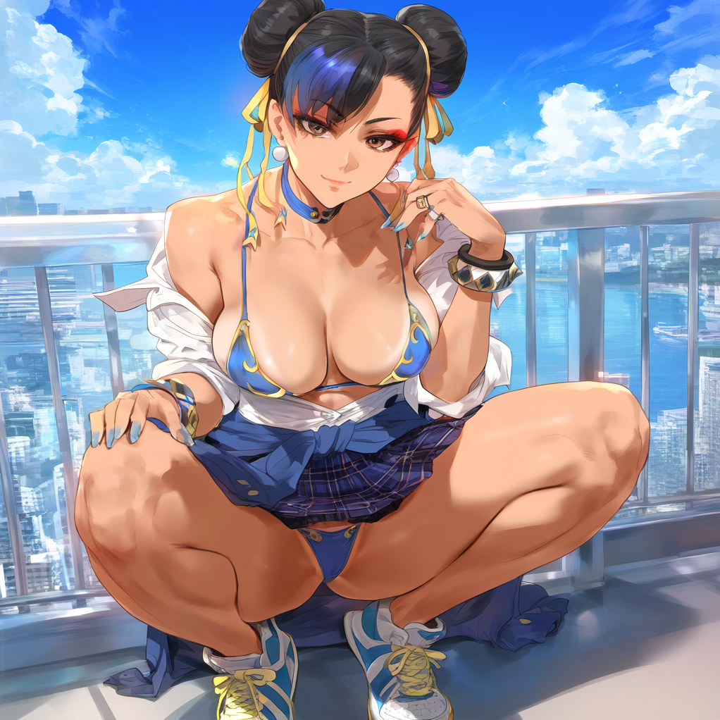 1girls ai_generated bangs bikini black_hair blue_bikini blue_hair blue_nails blue_skirt blue_sky blue_swimsuit bracelet breasts bridge brown_eyes brown_hair choker chun-li cityscape clavicle cleavage closed_mouth clothes_around_waist clothing cloud curvaceous curvaceous_female curvaceous_figure curvy curvy_figure dark-skinned_female dark_skin day double_bun earrings eyeshadow female female female_focus female_only footwear gyaru gyaru_gal hair_bun hair_ornament hair_ribbon inviting inviting_to_sex jewelry large_breasts lips looking_at_viewer makeup multicolored_hair nail_polish ocean open_clothes open_shirt outdoors pantsu plaid_skirt pleated_skirt presenting presenting_pussy railing ribbon ring school_uniform seductive shiny shirt shoes short_hair sitting skirt sky smile sneakers solo squatting street_fighter street_fighter_6 swimsuit tanlines thick_thighs thighs tied_hair uncensored underwear uniform voluptuous voluptuous_female waifulover water white_shirt