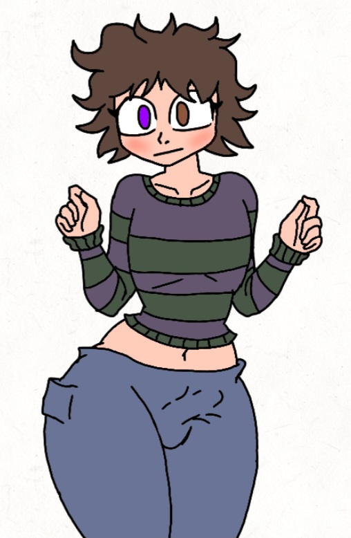 abys big_dick big_thighs brown_eyes brown_hair character_original embarrassed femboy green_shirt hellkally6 jeans large_ass little_tits purple_eyes purple_shirt