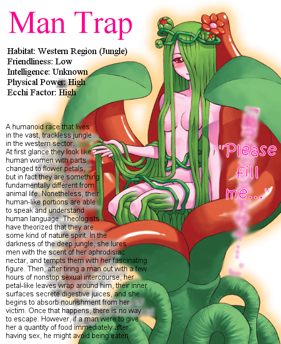 alraune alura_une blur blush breasts crown english_text eyes female femdom flora_fauna flower green_hair hair hair_over_eye hair_over_eyes hard_translated leaves man_trap monster monster_girl nipples nude pink_body pink_skin plain_background plant red_eyes smile solo tentacle text translated trick unknown_artist venus_weed vines white_background