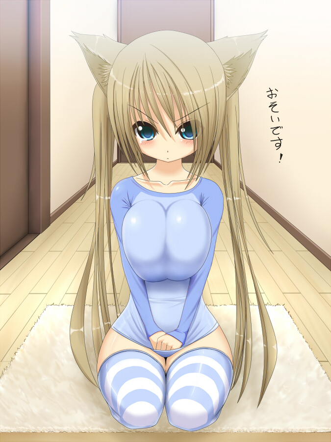 angry animal_ears big_breasts blue_eyes blush breast_squeeze breasts brown_hair cat_ears cute female hair huge_breasts impossible_shirt kneeling raglan_sleeves shuz_(dodidu) solo squeezing_breast stripes tears thighhighs translated