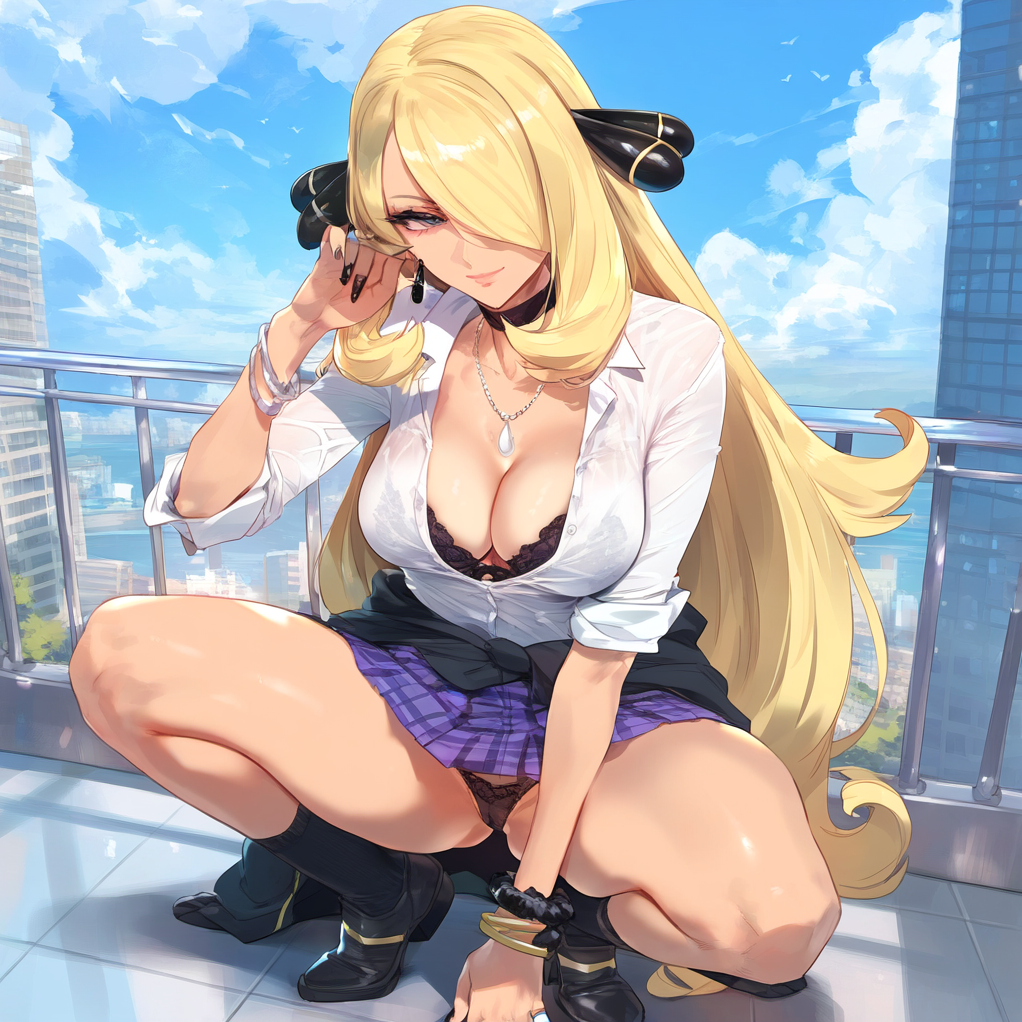 1girls ai_generated balcony bangle bangs black_bra black_choker black_clothes black_footwear black_legwear black_nails black_panties black_socks black_underwear blonde_hair blue_sky blush bra bra_visible_through_clothes bracelet breasts building choker city cityscape clavicle cleavage closed_mouth clothes_around_waist clothing cloud collared_shirt curvaceous curvaceous_female curvaceous_figure curvy curvy_figure cynthia_(pokemon) day earrings female female_focus female_only footwear grey_eyes gyaru gyaru_gal hair_ornament hair_over_one_eye hand_up high_heels inviting inviting_to_sex jewelry large_breasts legwear long_hair looking_at_viewer makeup miniskirt nail_polish necklace open_clothes outdoors pantsu pleated_skirt pokemon pokemon_(game) pokemon_champion pokemon_character pokemon_diamond_pearl_&_platinum pokemon_dppt presenting presenting_pussy railing ring rooftop school_uniform seductive see-through see-through_shirt shirt shoes sitting skirt sky sleeves_rolled_up smile socks solo spread_legs squatting sweater sweater_around_waist thick_thighs thighs uncensored underwear very_long_hair voluptuous voluptuous_female waifulover white_shirt