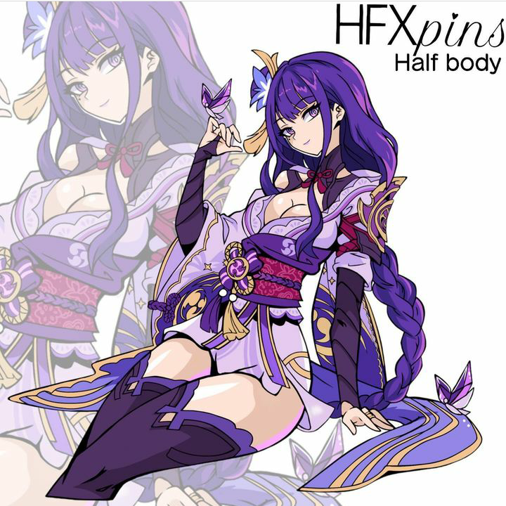 butterfly cleavage female_only genshin_impact hair_ornament hfxpins purple_hair raiden_shogun sitting