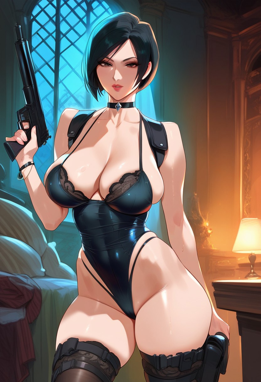 2d ada_wong ai_generated black_hair capcom choker female female_focus female_only gun holster indoors night resident_evil short_hair solo solo_female solo_focus standing tagme