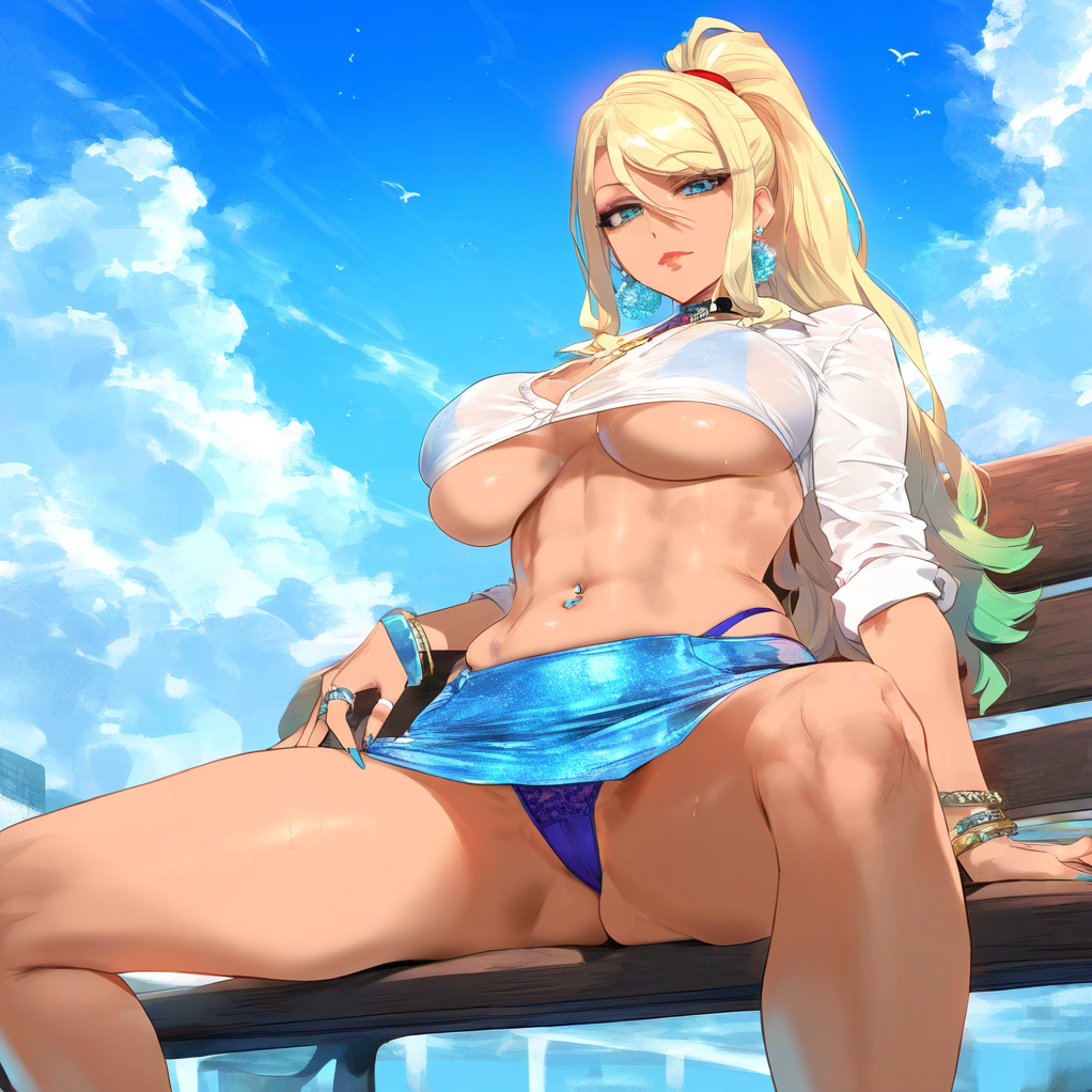 1girls abs ai_generated bangs bikini bird black_choker blonde_hair blue_eyes blue_nails blue_skirt blue_sky bracelet breasts cameltoe choker cleavage closed_mouth clothes_lift clothing cloud crop_top curvaceous curvaceous_female curvaceous_figure curvy curvy_figure day earrings female female female_focus female_only gradient_hair green_hair gyaru gyaru_gal high_ponytail inviting inviting_to_sex jewelry kogal large_breasts legs lips long_hair looking_at_viewer metroid midriff miniskirt mole multicolored_hair nail_polish navel navel_piercing nintendo outdoors pantsu parted_lips piercing ponytail presenting presenting_pussy ring samus_aran seductive see-through shirt sidelocks sitting skirt sky sleeves_rolled_up solo spread_legs stomach swept_bangs swimsuit thick_thighs thighs tied_hair uncensored underboob underwear voluptuous voluptuous_female waifulover water wet white_shirt