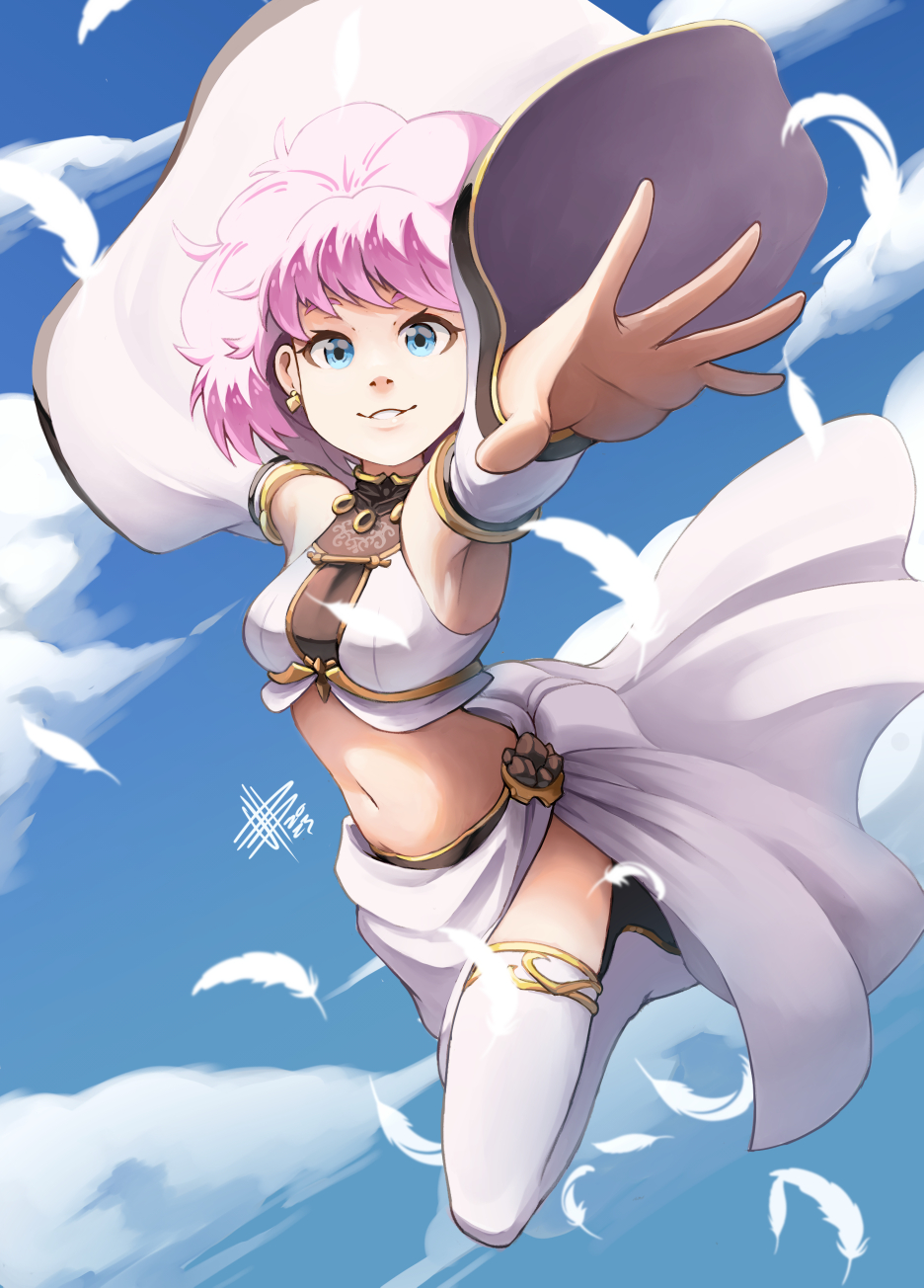 belt_collar blue_eyes chest_harness cloud cloudy_sky collar falling feathers female harness highres long_sleeves mateus_upd pink_hair rance_(series) sill_plain sky