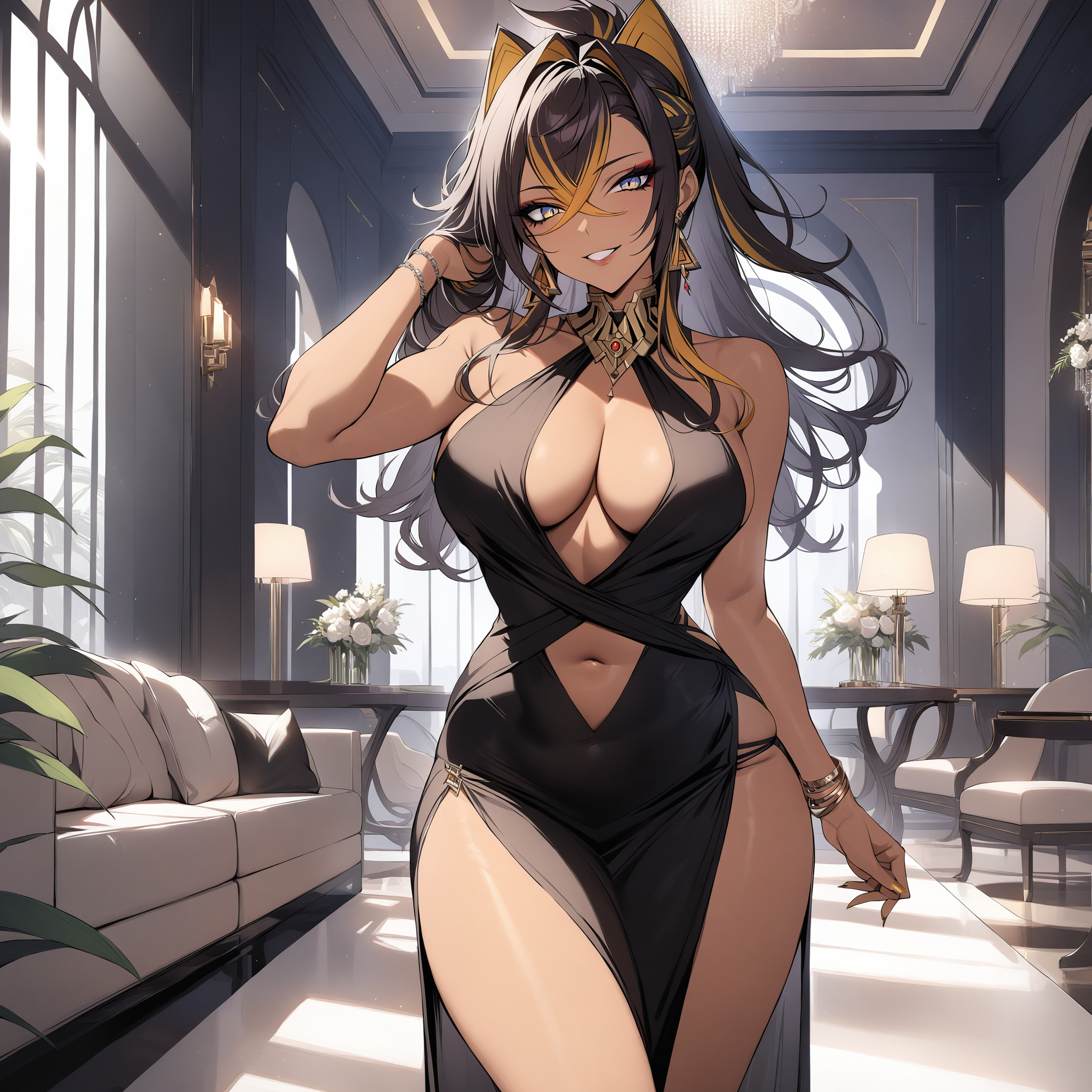 1girls, ai generated, animal ears, black dress, breasts, dehya (genshin impact), dress, ear, female, genshin impact, hair intakes, long hair, ministro, multicolored hair, solo