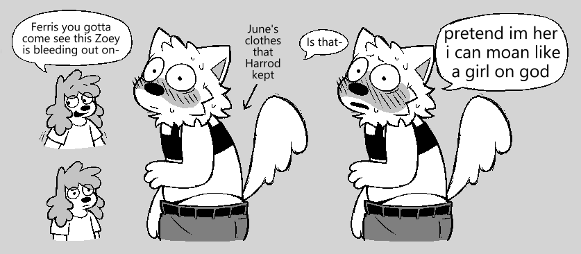 anthro, anthro male, big nose, blush, blush lines, bodily fluids, bra, canid, canine, canis, clothed, clothing, crossdressing, digital drawing (artwork), digital media (artwork), domestic dog, duo, english text, ferris (normalsville), furry, furry male, furry only, greyscale, harrod (normalsville), male, male/male, mammal, monochrome, normalsville, shirt, smile, sweat, t-shirt, tail, text, thong, topwear, underwear, zlut385