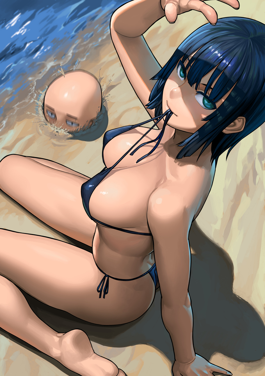 1boy, 1girls, ass, bald, beach, big ass, big breasts, bikini, black hair, blue hair, breasts, cleavage, female, fubuki (one-punch man), funny, green eyes, lasterk, looking at viewer, male, naughty face, one-punch man, saitama, short hair, solo focus, thick thighs, thighs