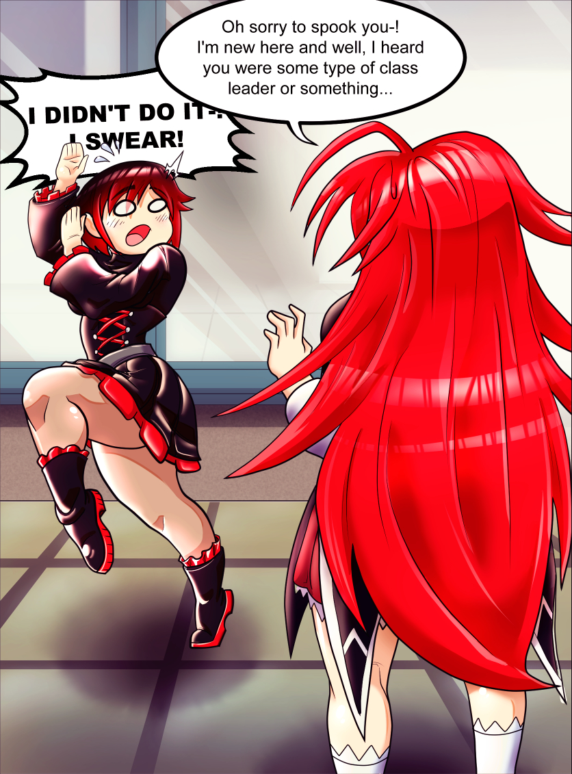 2girls comic_panel crossover dinotits english_text female female_only high_school_dxd multiple_girls rias_gremory ruby_rose rwby self_upload shocked_expression surprised tagme text