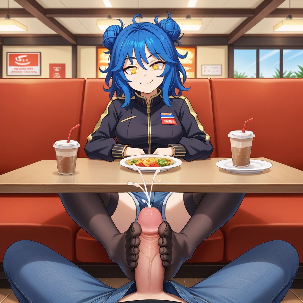 ai_generated blue_frog blue_hair cumshot denim_shorts ejaculation femdom food foot_fetish foot_focus foot_play footjob footjob_under_table footjob_with_legwear hair_buns jacket original_character pov pov_across_table pov_eye_contact public_indecency restaurant ringed_eyes smiling teasing thighhighs yellow_eyes