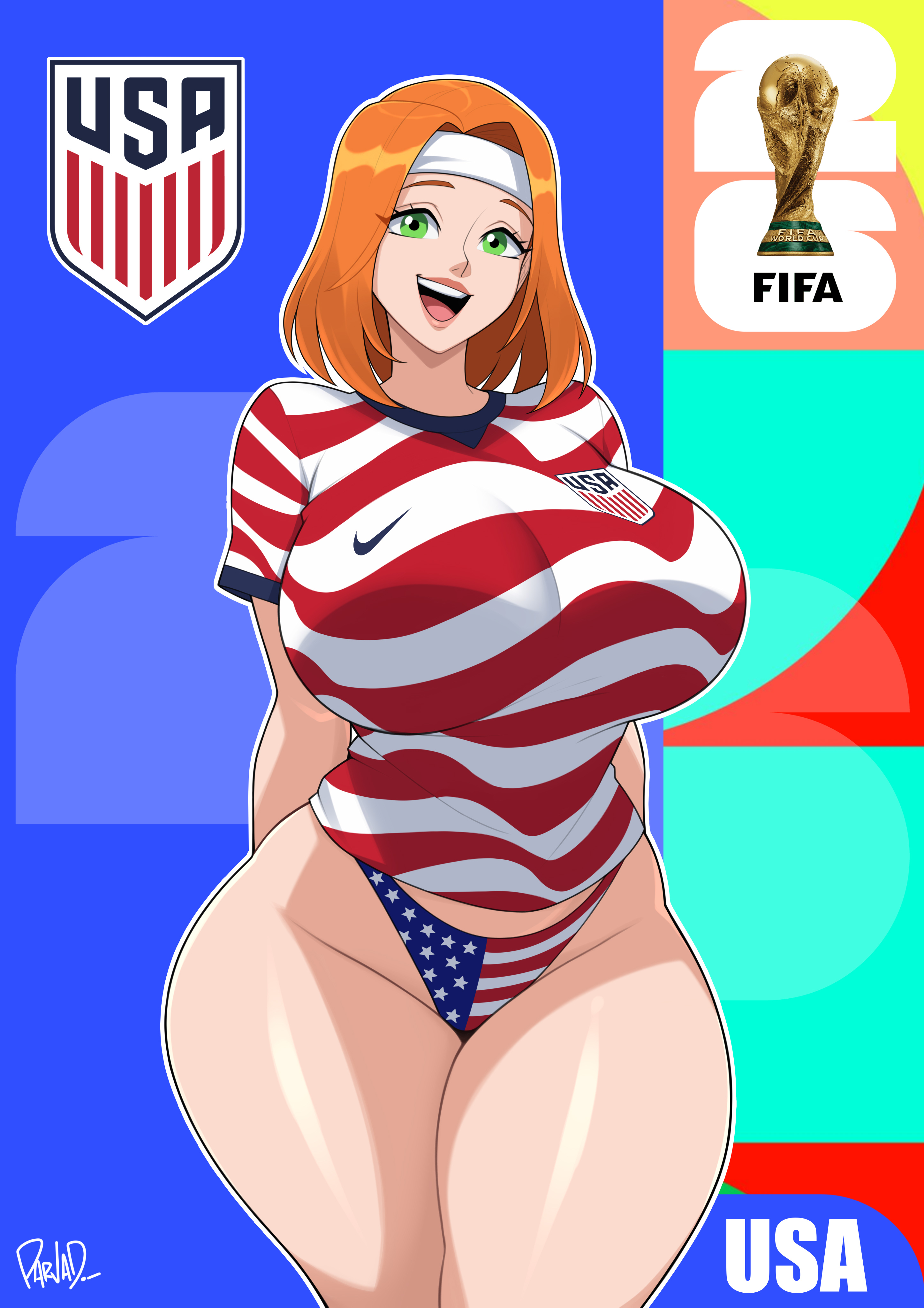 1girls, american flag bikini bottom, breasts, female, female focus, female only, fifa, ginger, green eyes, kate (parvad), large breasts, light skin, light-skinned female, looking at viewer, national personification, original, original character, parvad, redhead, soccer, solo, thick thighs, thighs, usa, usa bikini, wide hips, world cup