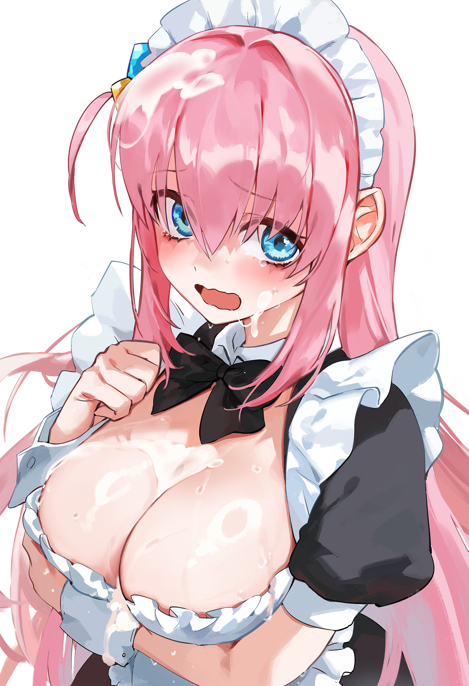 1girls, 2024, 2d, apron, arm under breasts, black bow, black bowtie, black dress, blue eyes, blush, bocchi the rock!, bow, bowtie, breasts, cleavage, collared dress, cube hair ornament, cum, cum on breasts, cum on chest, cum on face, dress, embarrassed, female, female focus, female only, foolish potato, frilled apron, frills, furrowed brow, gotou hitori, hair between eyes, hair intakes, hair ornament, hand up, highres, large breasts, long hair, looking at viewer, maid, maid headdress, maid uniform, open mouth, pink hair, portrait, puffy short sleeves, puffy sleeves, shiny skin, short sleeves, side ahoge, solo, solo female, solo focus, sweat, very long hair, wavy mouth, white apron, white wrist cuffs, wrist cuffs