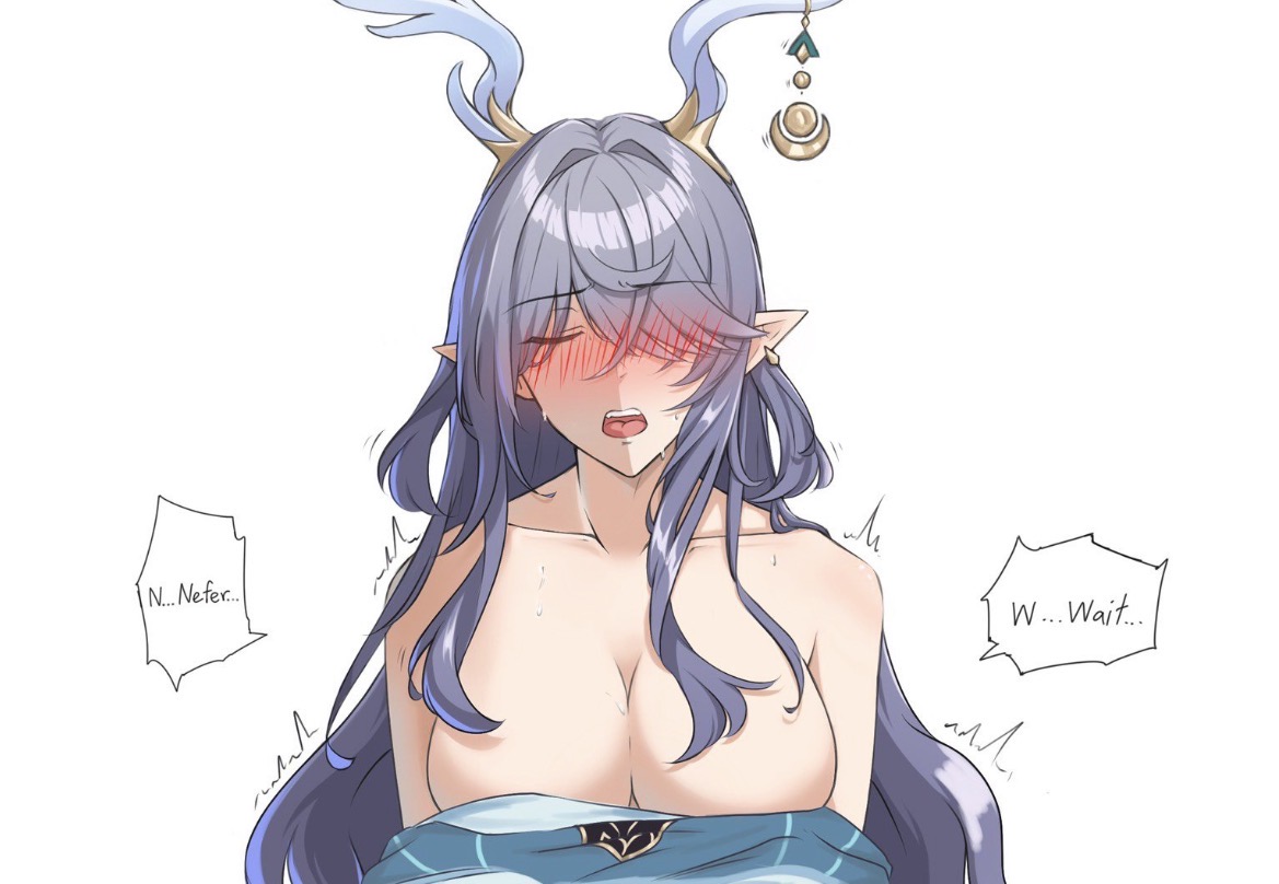 animal ears, big breasts, blue eyes, busty, busty female, character mentioned, clothes down, eyes closed, female/female, first part, genshin impact, hair over one eye, implied cunnilingus, lauma (genshin impact), lesbian, lesbian sex, long ears, long hair, mentioned character, nefer (genshin impact), offscreen character, oral, oral sex, yuri