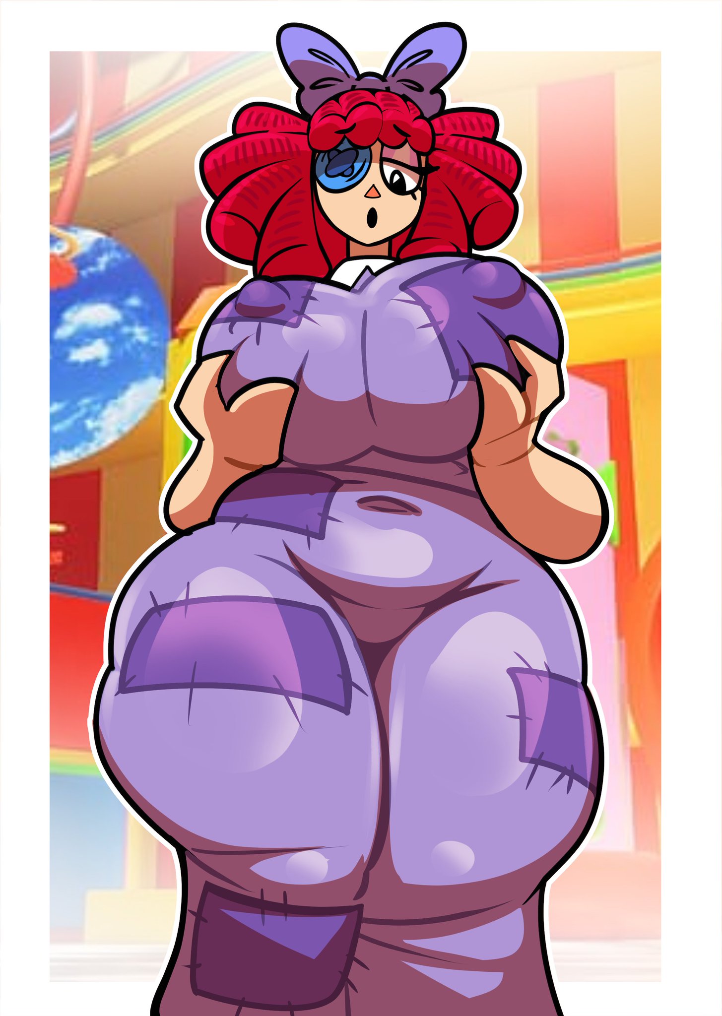 belly, belly button, big breasts, bun, button eyes, captain dagon, chubby female, circus, clothed, color, dagon789, doll girl, dress, fanart, female only, glitch productions, hi res, holding breasts, looking down, nipple bulge, nipples, ragatha (the amazing digital circus), red hair, short hair, solo female, the amazing digital circus, thick thighs, voluptuous, wide hips