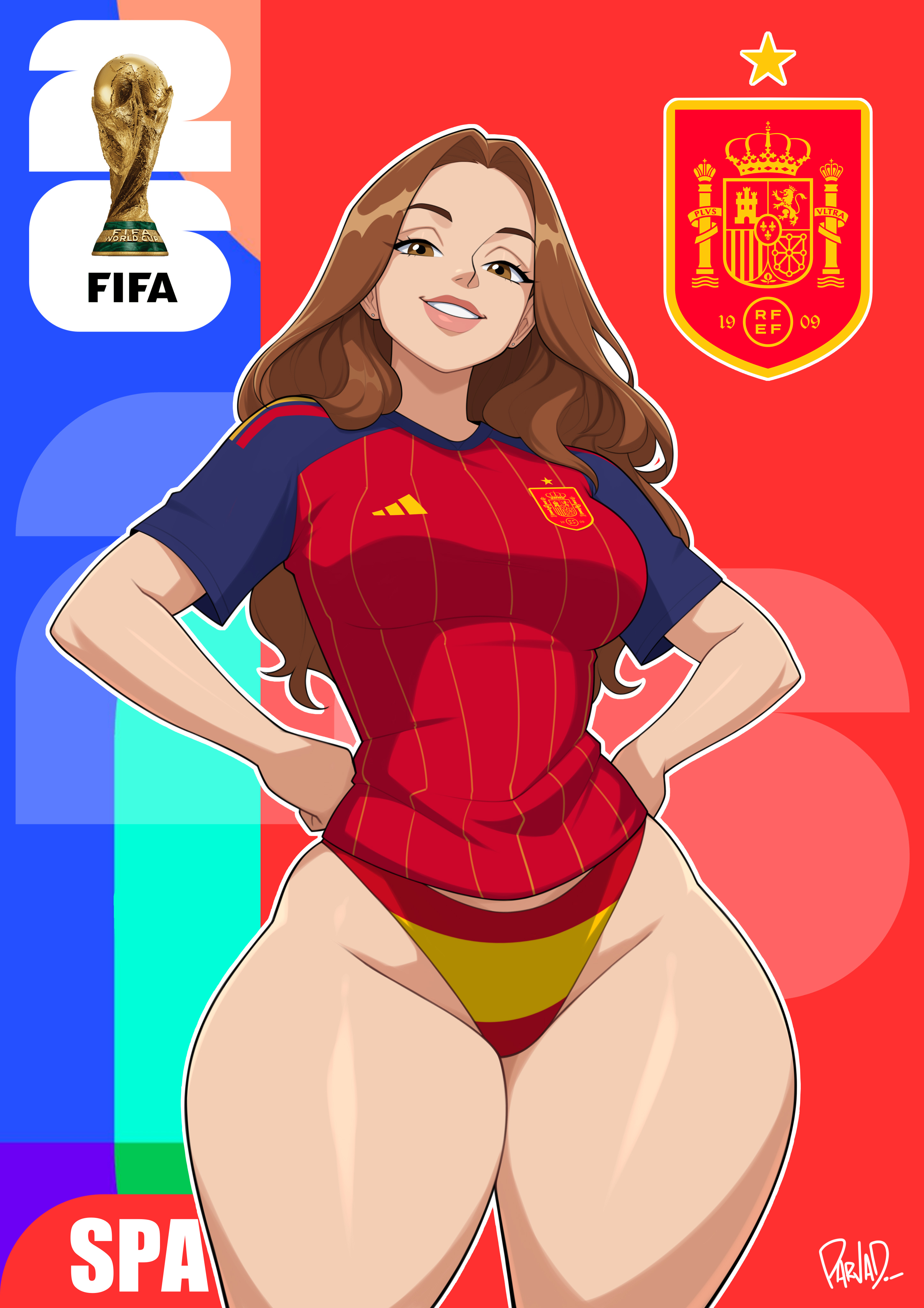 1girls, breasts, brown hair, curvaceous, curvy, female, female focus, female only, fifa, hands on hips, jersey, large breasts, light skin, light-skinned female, looking at viewer, original, original character, partially clothed, parvad, smile, soccer uniform, solo, spain, spanish female, thick thighs, thighs, voluptuous, wide hips, world cup