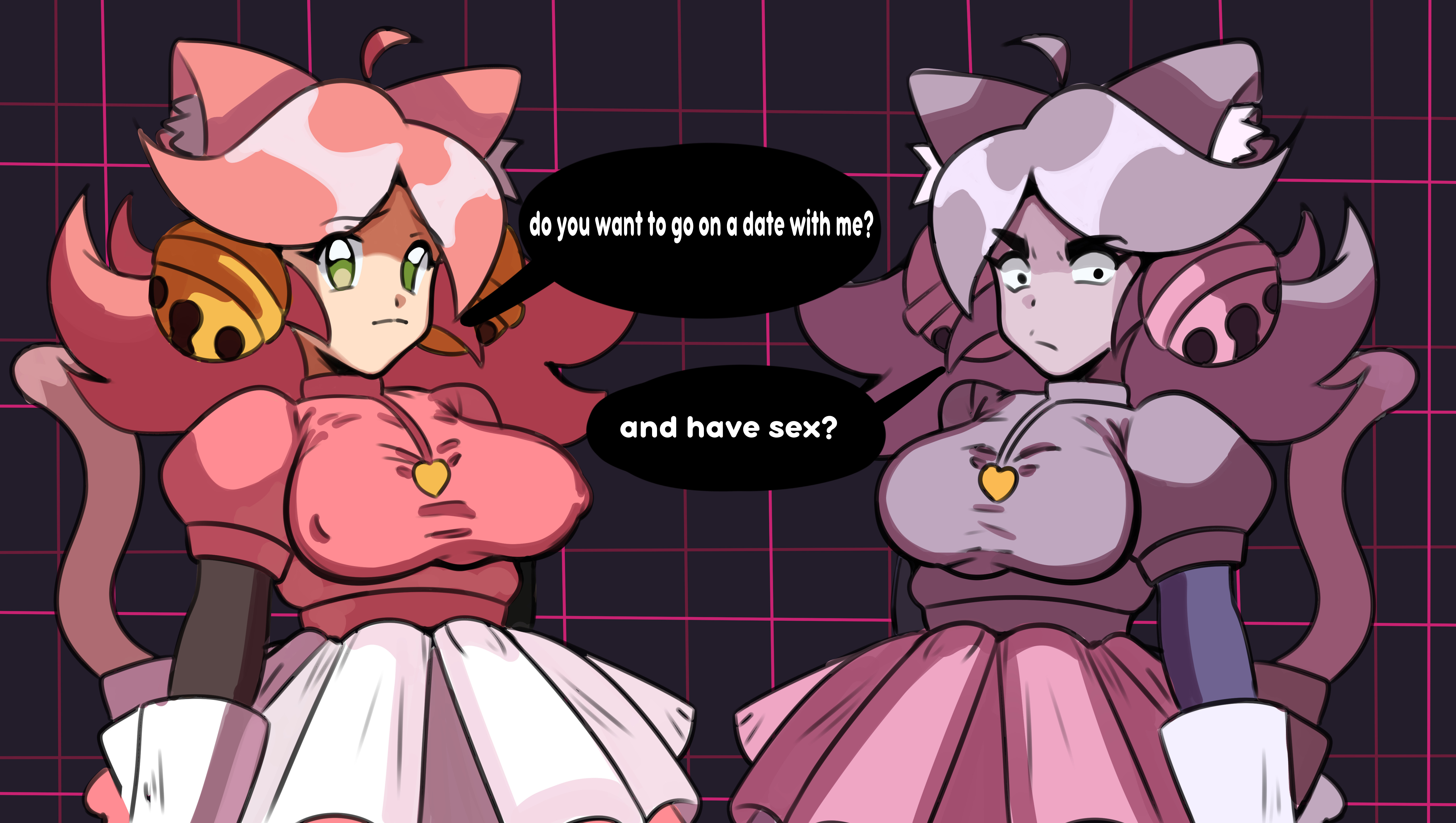 big breasts, breasts, cat ears, cat girl, cat tail, catgirl, clothed, deltarune, dialogue, female, ghost, ghost girl, gloves, irritable ghost (deltarune), journey-b, mad mew mew, nipple bulge, pink (deltarune), pink hair, text, text bubble, undertale (series), white gloves