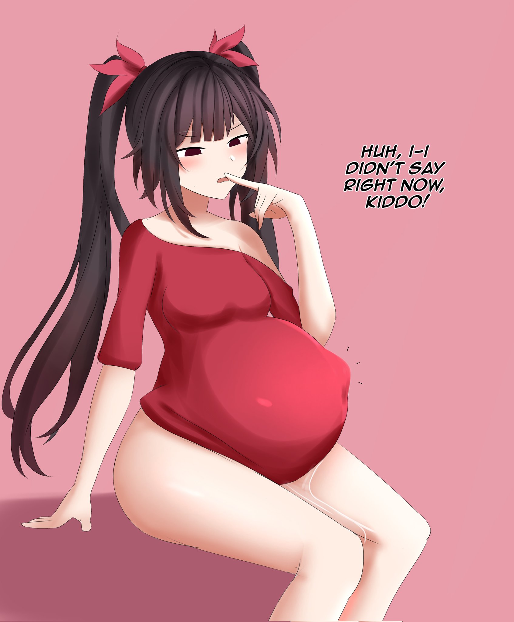 1girls, amniotic fluid, big belly, bloated belly, blush, bottomless, brown hair, clothing, female, female only, fetal movement, flustered, honkai (series), honkai: star rail, hoyoverse, long hair, mihoyo, pregnant, red eyes, sarawa kotoku, small breasts, sparkle (honkai: star rail), twintails, water break