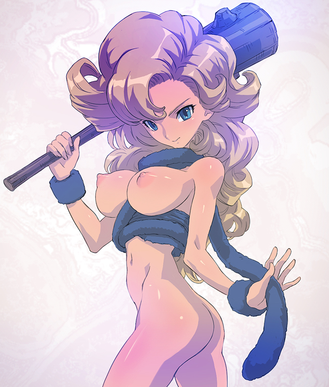 ass ayla big_breasts bitchen blonde_hair blue_eyes bottomless breasts chrono_trigger club female hair half-dressed human looking_at_viewer navel nipples plain_background prehistoric simple_background solo weapon white_background