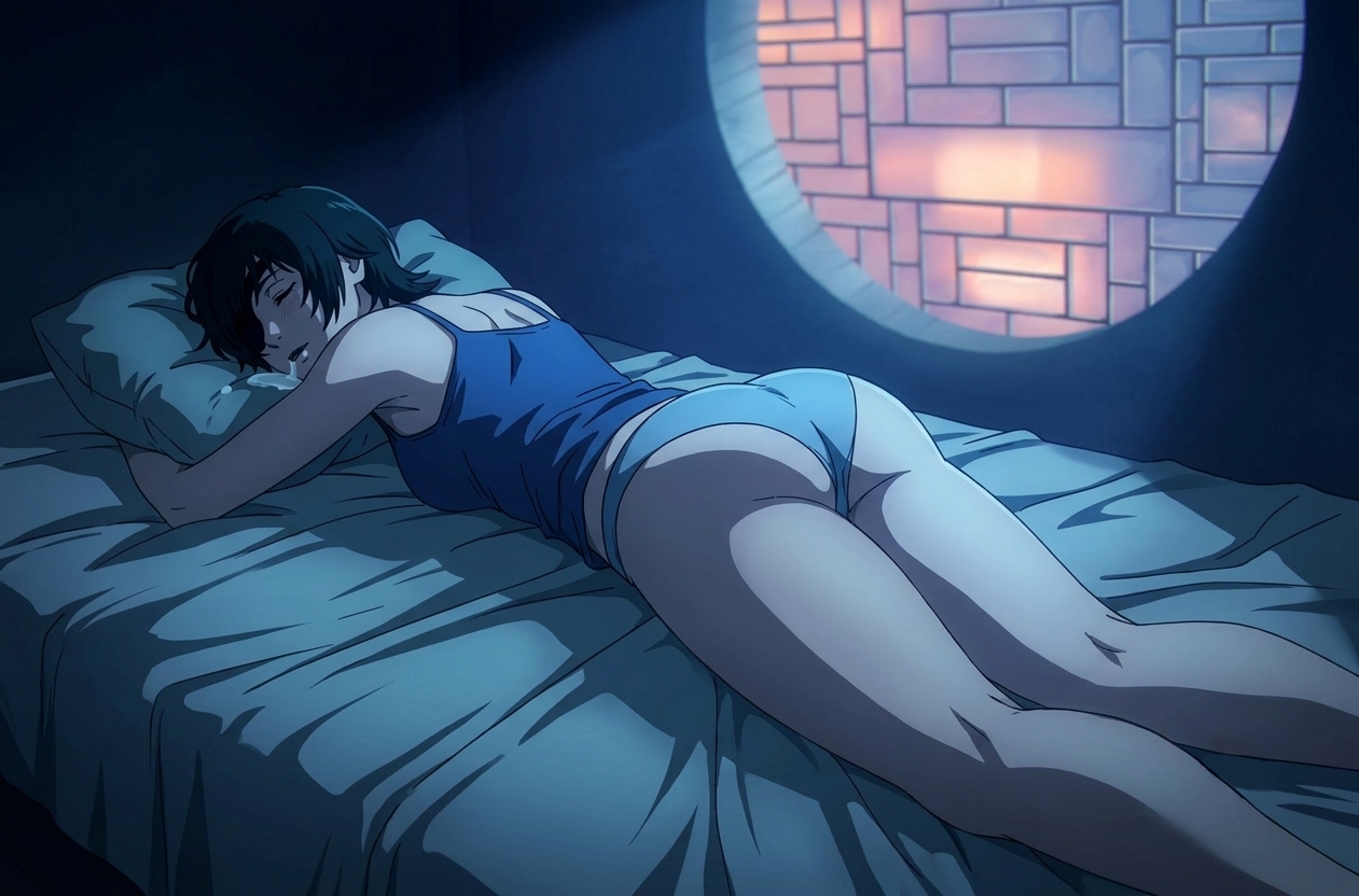 1girl, 1girls, anime, anime style, ass, ass focus, big ass, big butt, butt, butt focus, chainsaw man, curvaceous, curvy, curvy body, curvy female, curvy figure, curvy thighs, fat ass, fat butt, female, female focus, female only, green hair, himeno (chainsaw man), lying on bed, medium boobs, medium breasts, medium tits, night, panties, passed out, pillow, pillow grab, resting, saliva, saliva drip, saliva string, saliva trail, short hair, sleeping, thick, thick ass, thick butt, thick legs, thick thighs, unconscious, unconscious female
