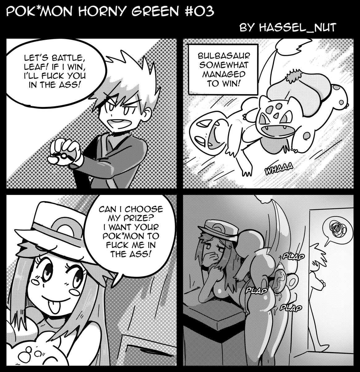 1boy1girl, anal, anal insertion, anal penetration, anal sex, blue (pokemon), bulbasaur, charmander, comic, cuckold, cuckolding, dialogue, female, female penetrated, greyscale, hasselnut, leaf (pokemon), looking pleasured, male, male penetrating, male penetrating female, male/female, monochrome, netorare, nintendo, ntr, page 3, penis, penis in ass, pokemon, pokemon (species), pokemon horny green, pokephilia, straight, wolfgang bang