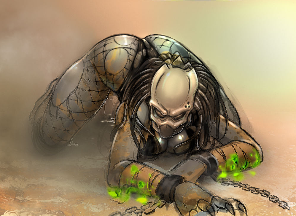 1girls, ass, blood, chains, claws, female, female only, female yautja, fishnet, mask, monster girl, predator (franchise), restrained, shackles, solo, yautja