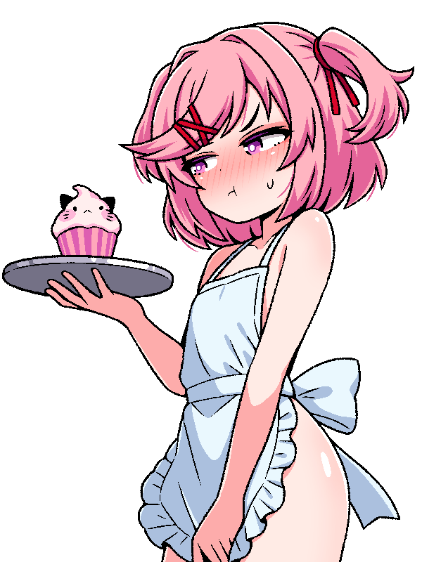 :t, 1girl, annoyed, apron, apron tug, ass, averting eyes, bare shoulders, blush, bob cut, bottomless, closed mouth, collarbone, cowboy shot, cupcake, doki doki literature club, embarrassed, empty eyes, flat chest, food, frilled apron, frills, frown, hair intakes, hair ornament, hair ribbon, holding, holding tray, ink (inksgirls), jaggy lines, naked apron, narrowed eyes, natsuki (doki doki literature club), nervous sweating, nose blush, pink eyes, pink hair, pout, red ribbon, ribbon, serving, shiny skin, short hair, simple background, solo, sweat, sweatdrop, swept bangs, tray, tsundere, two side up, v-shaped eyebrows, white apron, white background, x hair ornament