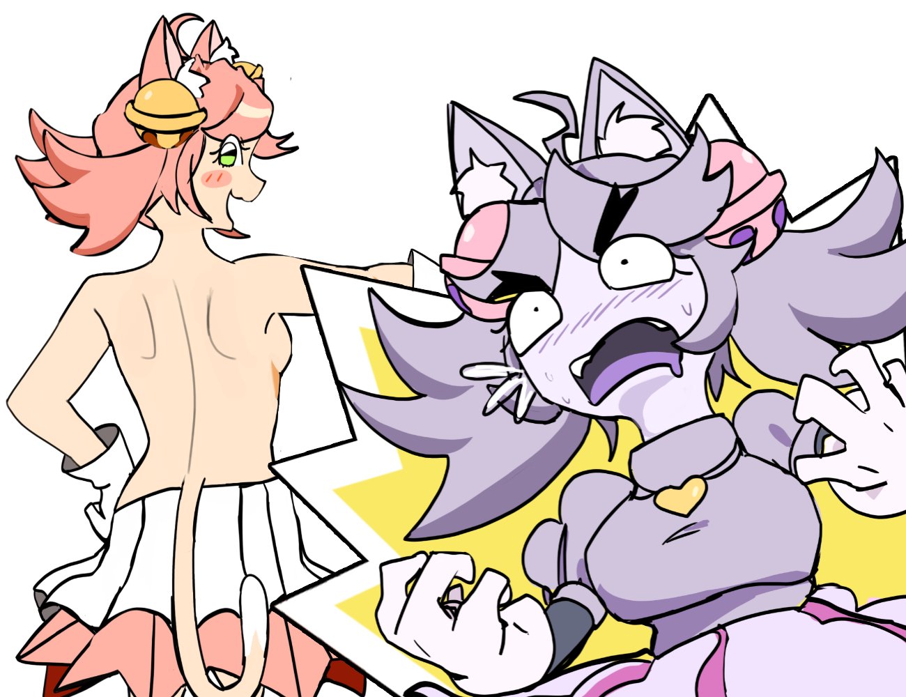 2girls, artist request, back, bare back, bomi0906b, cat ears, cat tail, catgirls, deltarune, ghost, irritable ghost (deltarune), looking back, mad mew mew, mew mew (undertale), pink (deltarune), purple hair, purple skin, sideboob, topless, white background