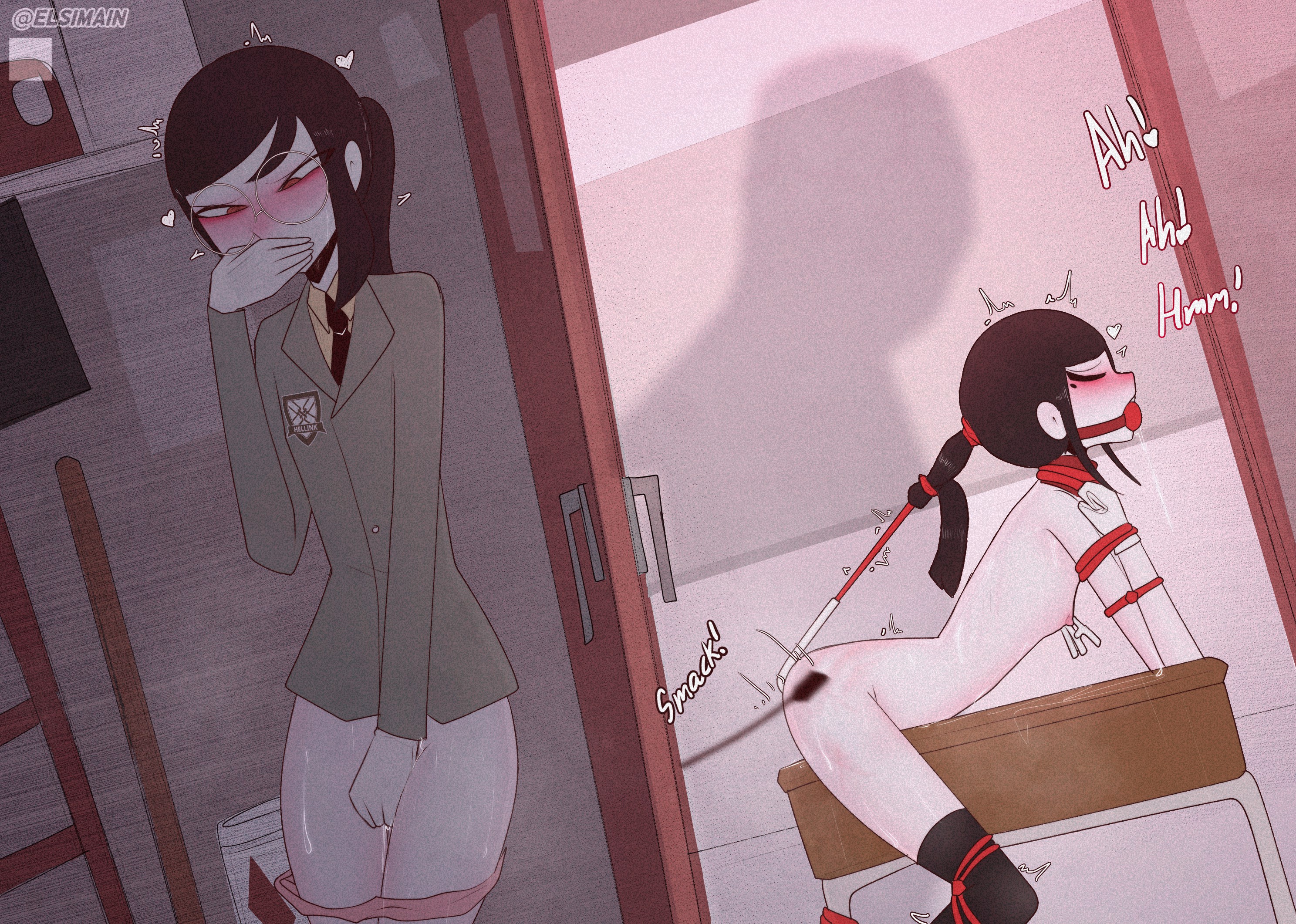 1boy, 2025, 2d, 2girls, anal hook, ball gag, bdsm, bent over, bent over desk, black hair, black-haired female, blush, blushing, blushing female, bondage, bottomless, bound, bound female, bound hair, bound legs, bound to desk, bound to table, bound wrists, classroom, clothed, clothed female, collar, covering crotch, cuckqueen, elsimain, eyes closed, female, female focus, female masturbation, femsub, fingering, gag, gagged, gagged drooling, gagged female, glasses, goonette, hand over mouth, hand over own mouth, hi res, hiding, holding back moans, human, human female, human only, kimberly (elsimain), light skin, light-skinned female, long hair, long-haired female, marcy (elsimain), masturbation, nipple clamps, nipples, nude, nude female, offscreen character, offscreen male, original, pale skin, pale-skinned female, panties around leg, panties down, pussy juice, riding crop, rope, rope bondage, saliva, saliva drip, saliva string, school uniform, shadow, standing masturbation, stockings, stockings only, student, sweat, sweating, sweaty, sweaty body, teacher, teacher and student, tied hair, tied to desk, tied to table, uniform, voyeur, voyeurism, whip