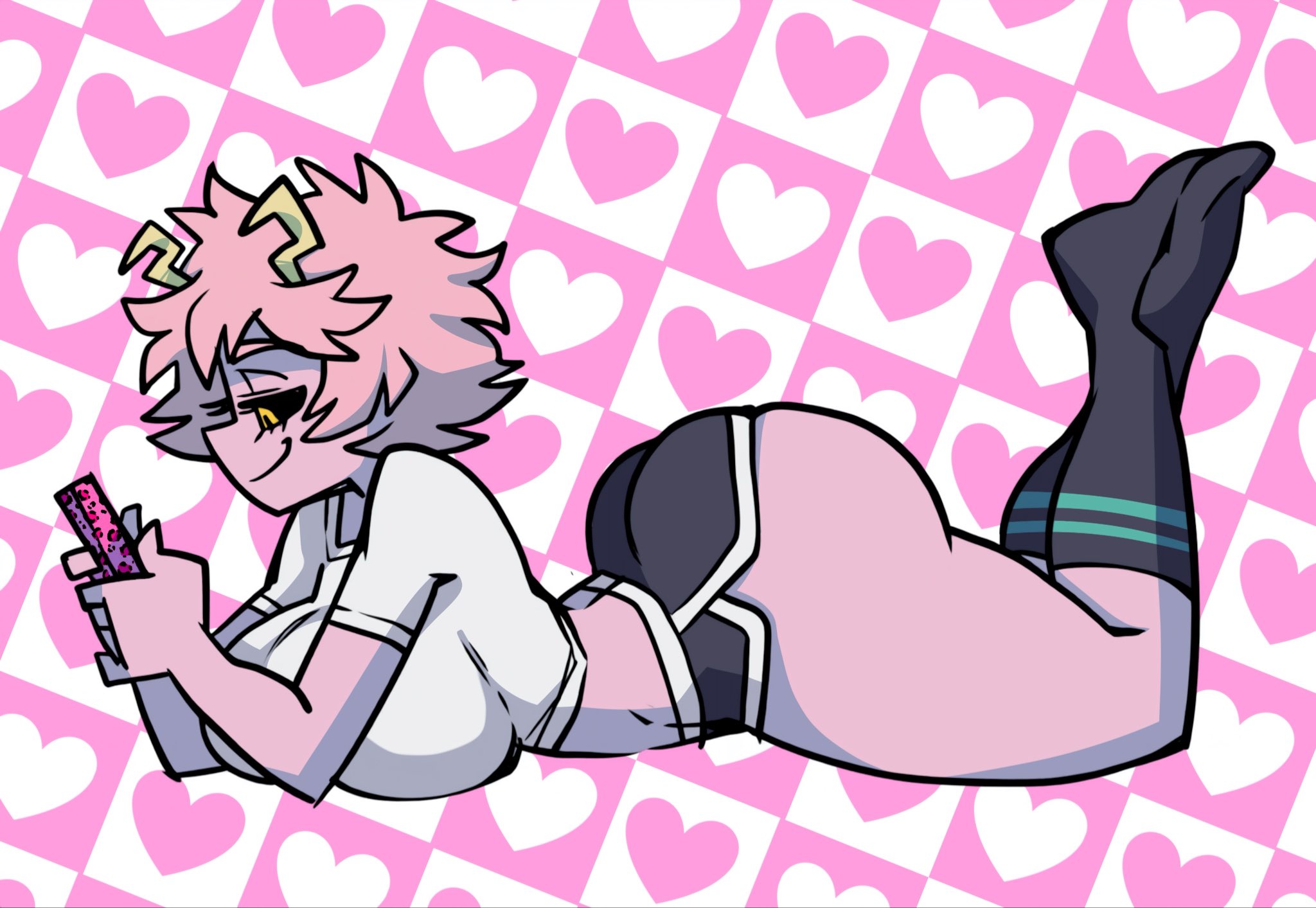 ass, black legwear, black sclera, black socks, boku no hero academia, breast press, bubble butt, dolphin shorts, huge ass, large breasts, legs up, looking down, lying, mina ashido, my hero academia, on stomach, parallaxfused, pink hair, pink skin, short hair, short shorts, smile, socks, solo, teenager, thick, thick ass, thick thighs, yellow eyes