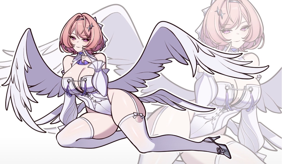 bangs, big breasts, bob cut, busty, busty female, charlie purrito, cleavage, cleavage overflow, corset, curvy, curvy female, pink hair, remielle dan, short hair, stiletto heels, thick thighs, thighhighs, wide hips, wings, zenless zone zero