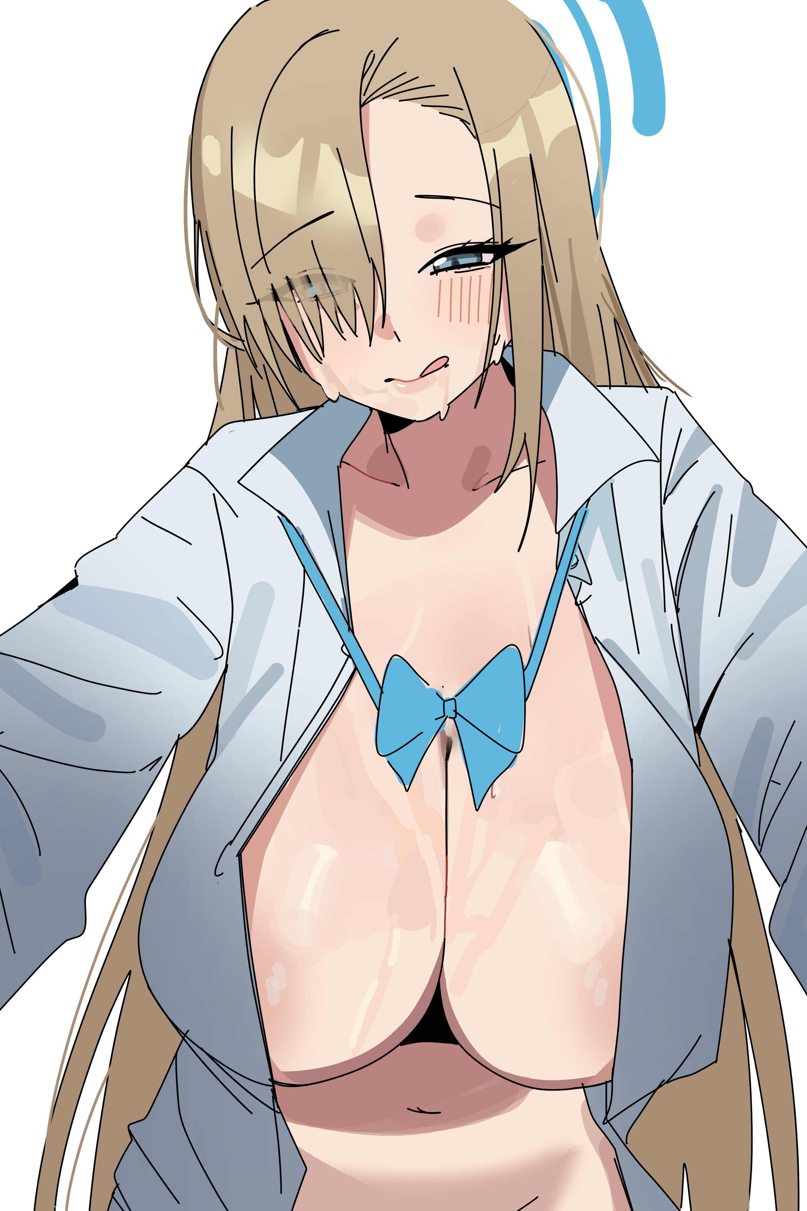 1girls, asuna (blue archive), asuna (school uniform) (blue archive), blonde hair, blue archive, blue eyes, bottomless, bottomless female, breasts, cleavage, female, hair over one eye, large breasts, long hair, looking at viewer, navel, no bra, no panties, open clothes, open shirt, riel (rielilu), simple background, solo, tongue, tongue out, white background, white shirt